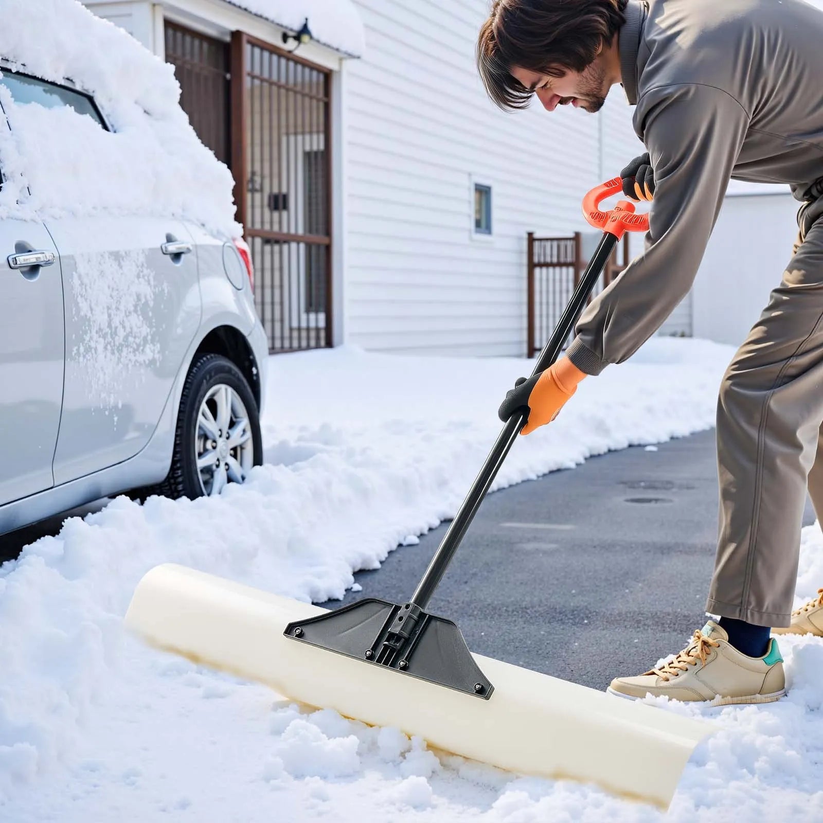 VEVOR Snow Pusher Shovel, 48 in Outdoor Snowplow Shovel with Ergonomic Grip, HDPE Plastic Blade, Winter Shovels with Segmented Handle, Metal Edged Strip, Portable Snow Removal Tool for Driveway Garden 