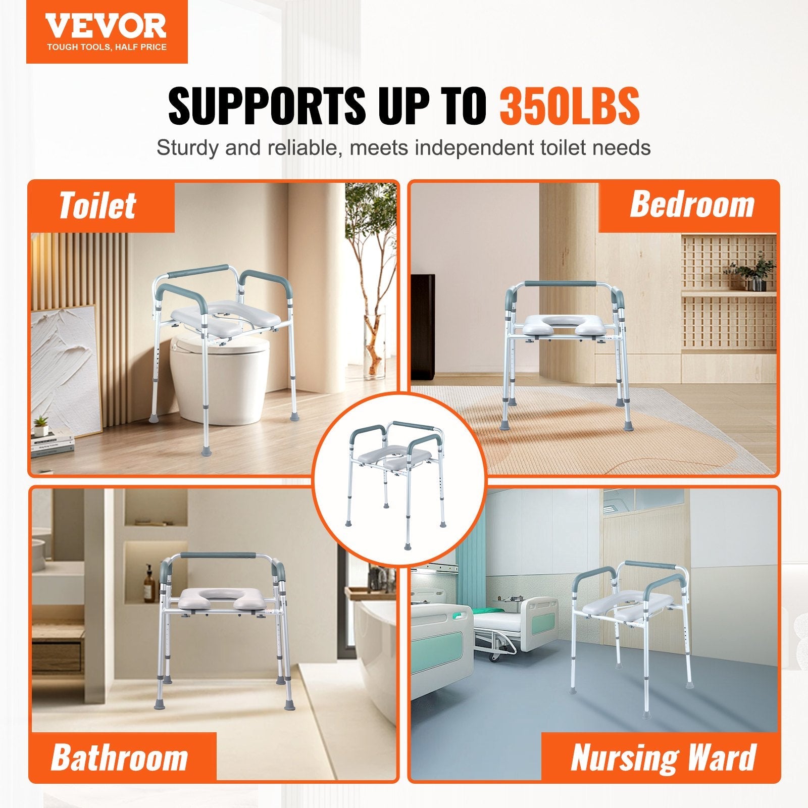 VEVOR Commode Chair, Bedside Commode with Padded Seat and Arms, 7-Level Adjustable Height, 5.8L Removable Bucket, Easy to Assemble, 350 LBS Capacity, Raised Toilet Seat for Adults Seniors 