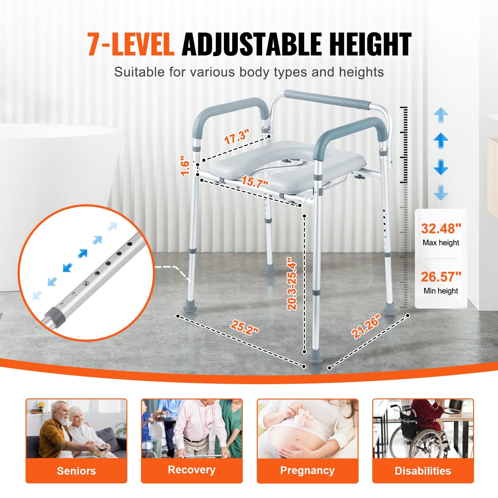 VEVOR Commode Chair, Bedside Commode with Padded Seat and Arms, 7-Level Adjustable Height, 5.8L Removable Bucket, Easy to Assemble, 350 LBS Capacity, Raised Toilet Seat for Adults Seniors 