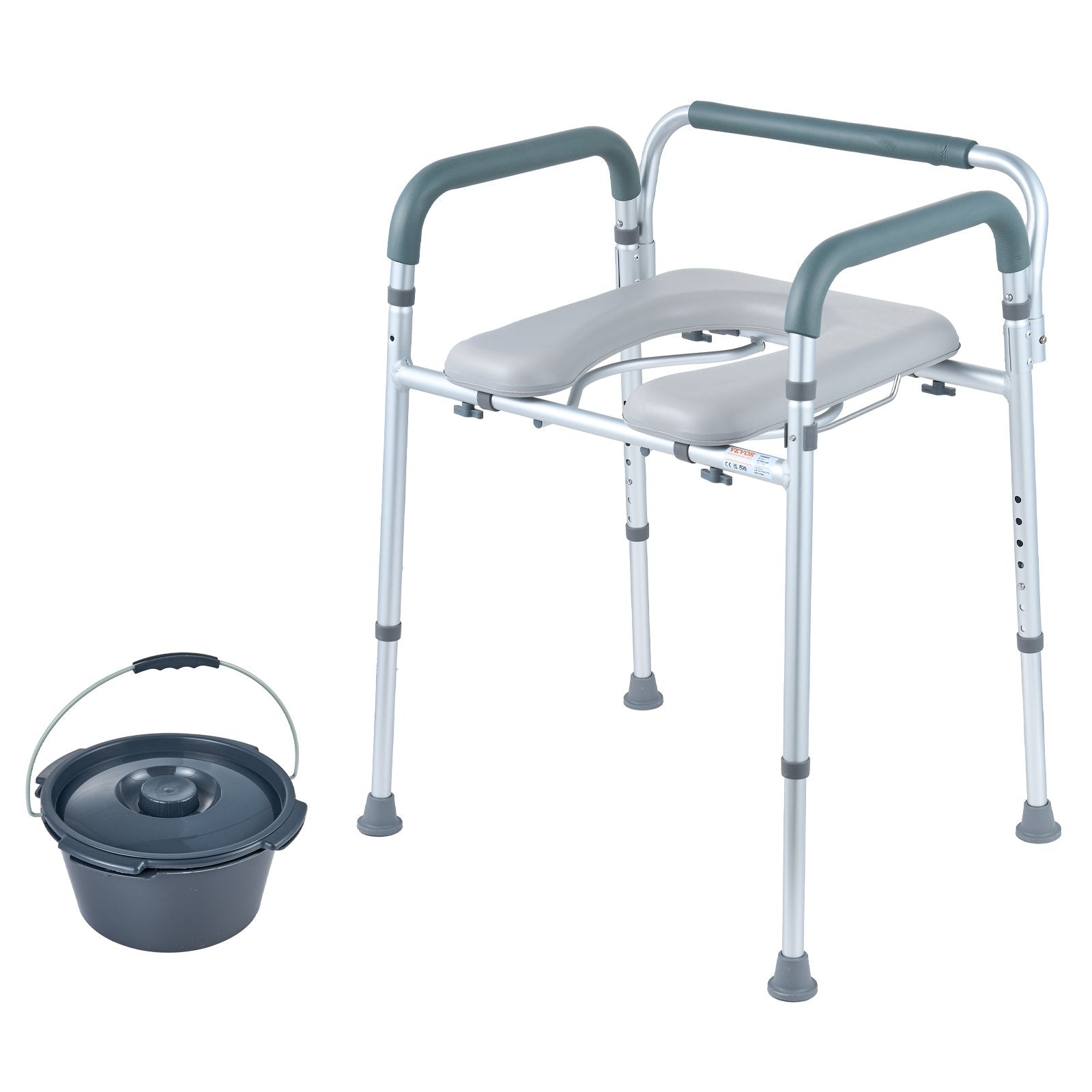 VEVOR Commode Chair, Bedside Commode with Padded Seat and Arms, 7-Level Adjustable Height, 5.8L Removable Bucket, Easy to Assemble, 350 LBS Capacity, Raised Toilet Seat for Adults Seniors 