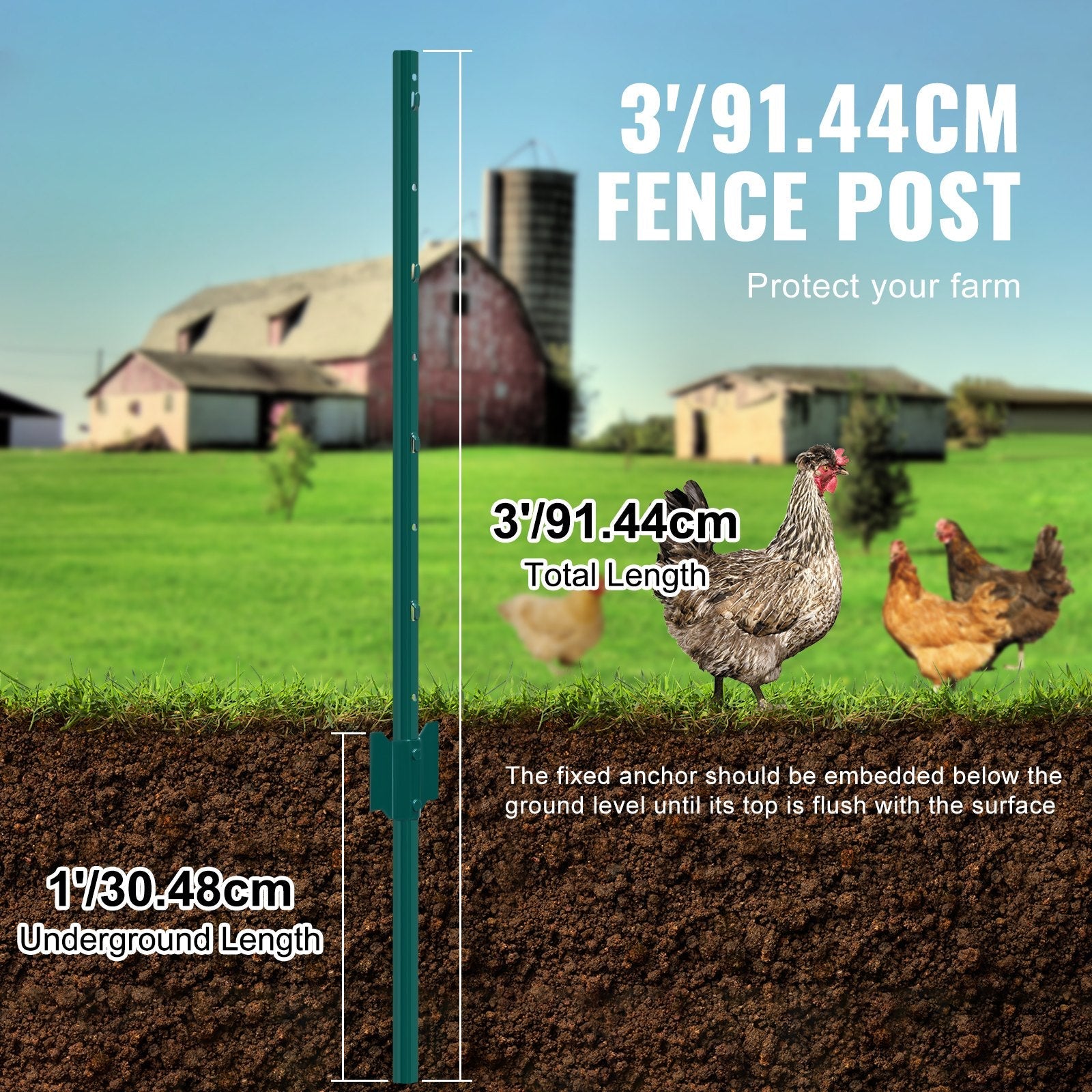 VEVOR 3 Feet Fence Post 10 Pack T-Post Heavy Duty Metal Fence Posts Green 