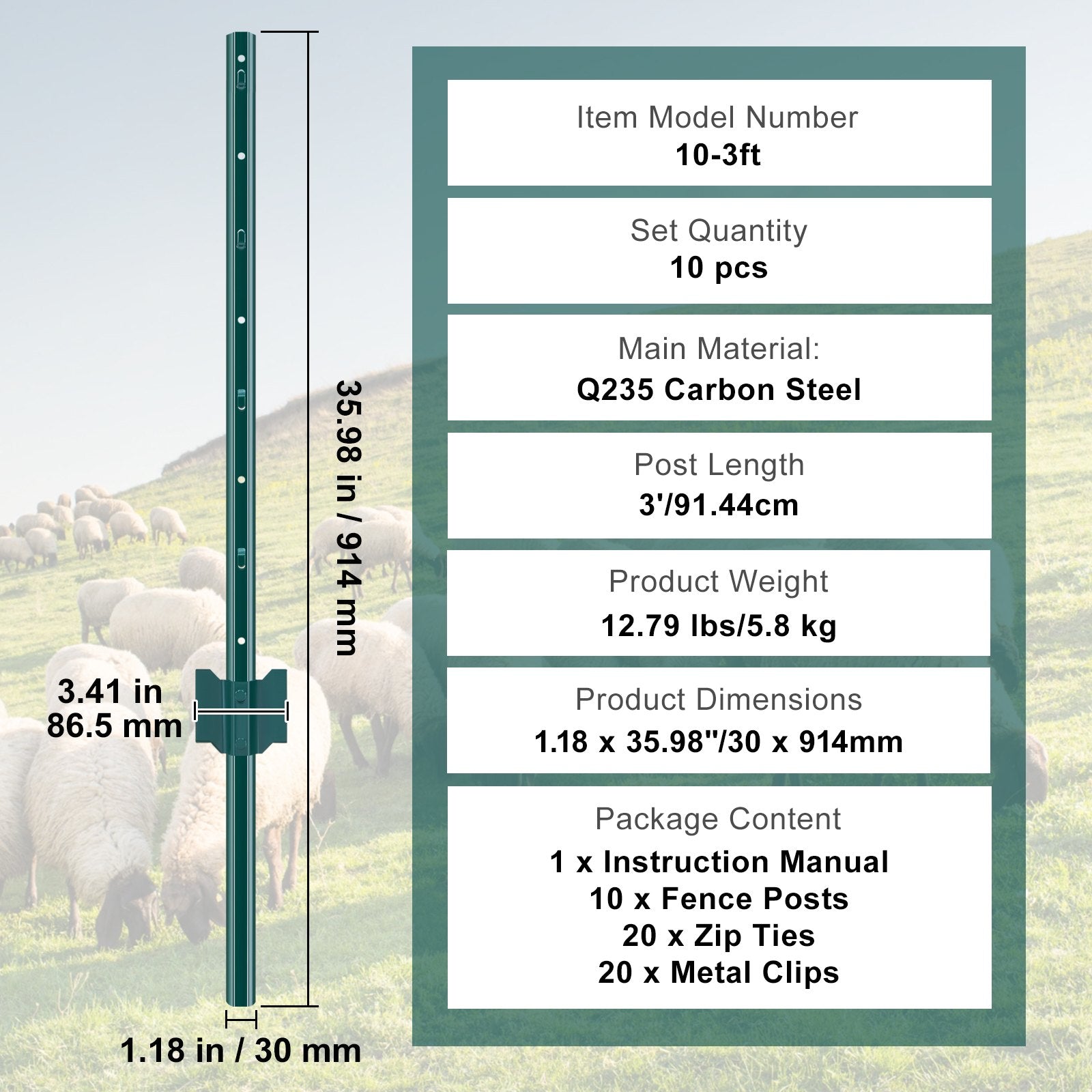 VEVOR 3 Feet Fence Post 10 Pack T-Post Heavy Duty Metal Fence Posts Green 