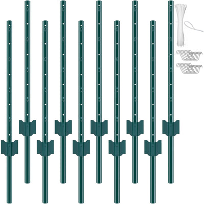 VEVOR 3 Feet Fence Post 10 Pack T-Post Heavy Duty Metal Fence Posts Green 