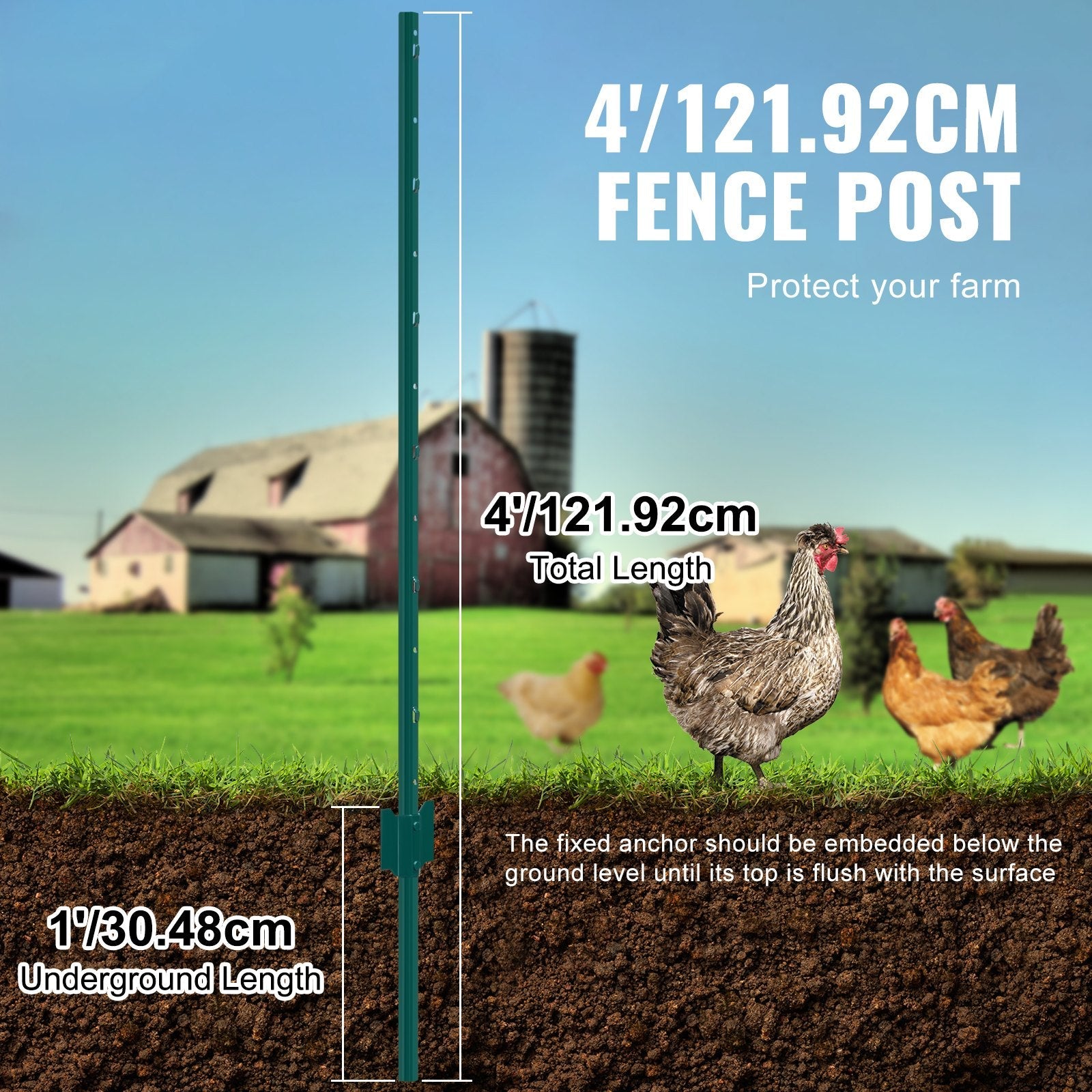 VEVOR 4 Feet Fence Post 10 Pack T-Post Heavy Duty Metal Fence Posts Green 