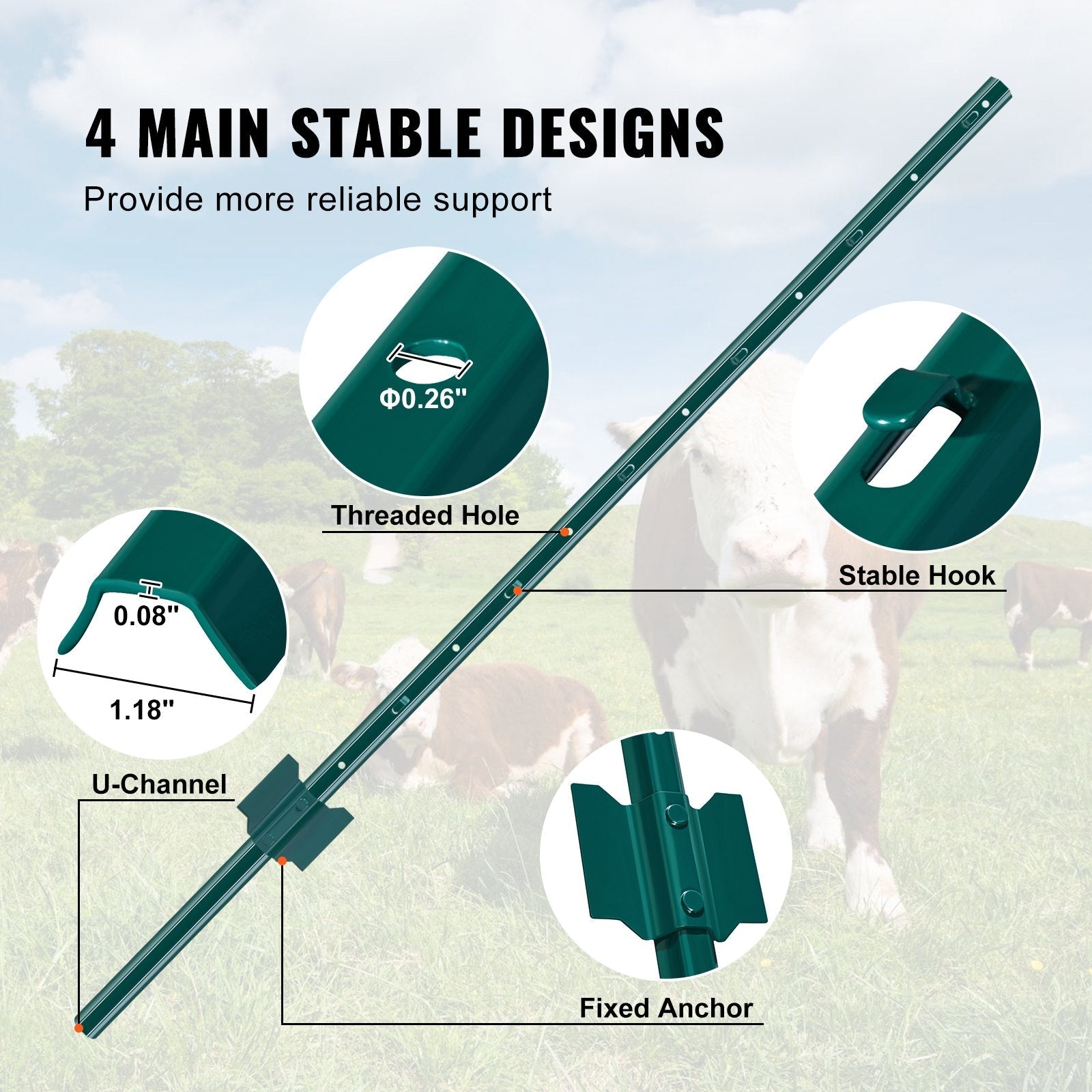 VEVOR 4 Feet Fence Post 10 Pack T-Post Heavy Duty Metal Fence Posts Green 