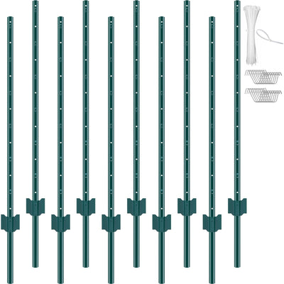 VEVOR 4 Feet Fence Post 10 Pack T-Post Heavy Duty Metal Fence Posts Green 