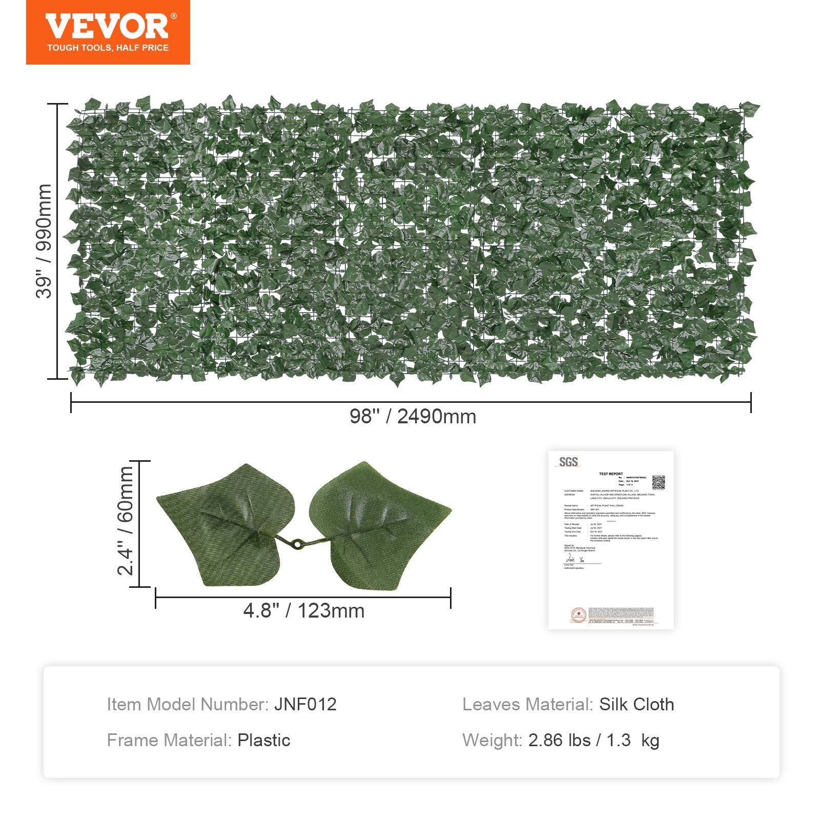 VEVOR Ivy Privacy Fence, 39 x 98 in Artificial Green Wall Screen, Greenery Ivy Fence with Strengthened Joint, Faux Hedges Vine Leaf Decoration for Outdoor Garden, Yard, Balcony, Patio Decor 