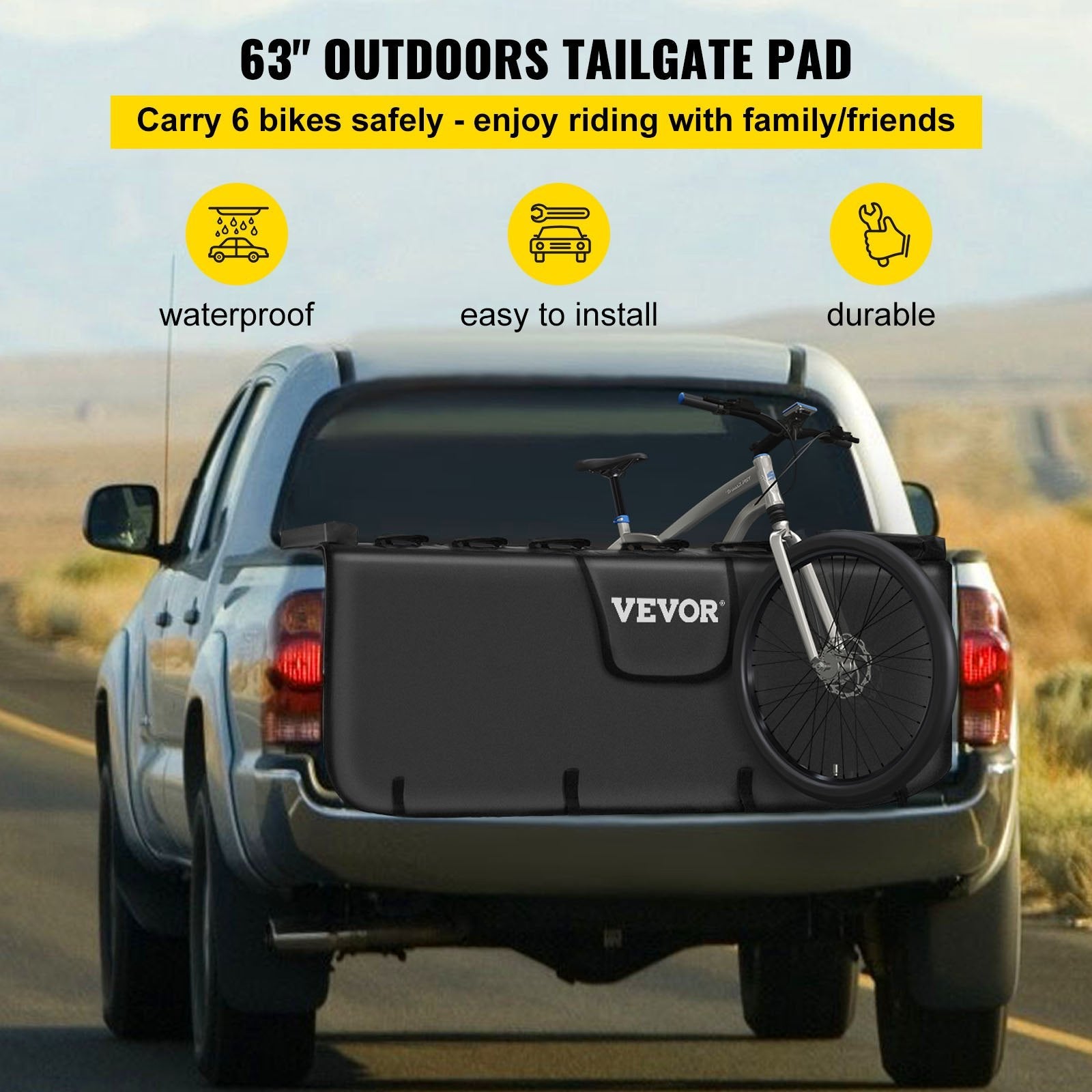 VEVOR Tailgate Pad, 63" Wide Tailgate Bike Pad, Truck Bike Pad for Carrying up to 6 Bikes, Truck Bed Bike Pad with PVC Outer Layer, Mechanic Tool Pocket and Straps for Middle & Large Pickup Truck 