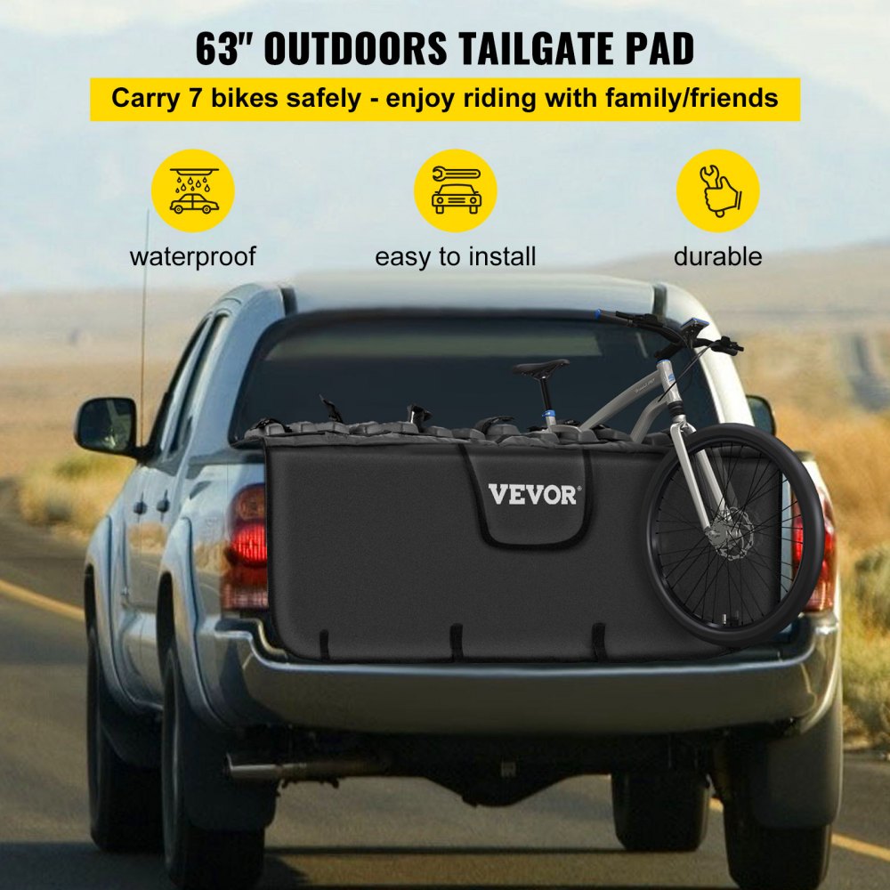 VEVOR Tailgate Pad, 63" Wide Tailgate Bike Pad, Truck Bike Pad for Carrying up to 7 Bikes, Truck Bed Bike Pad with PVC Outer Layer, Tool Pocket and Straps for Middle & Large Pickup Truck, Upgraded 