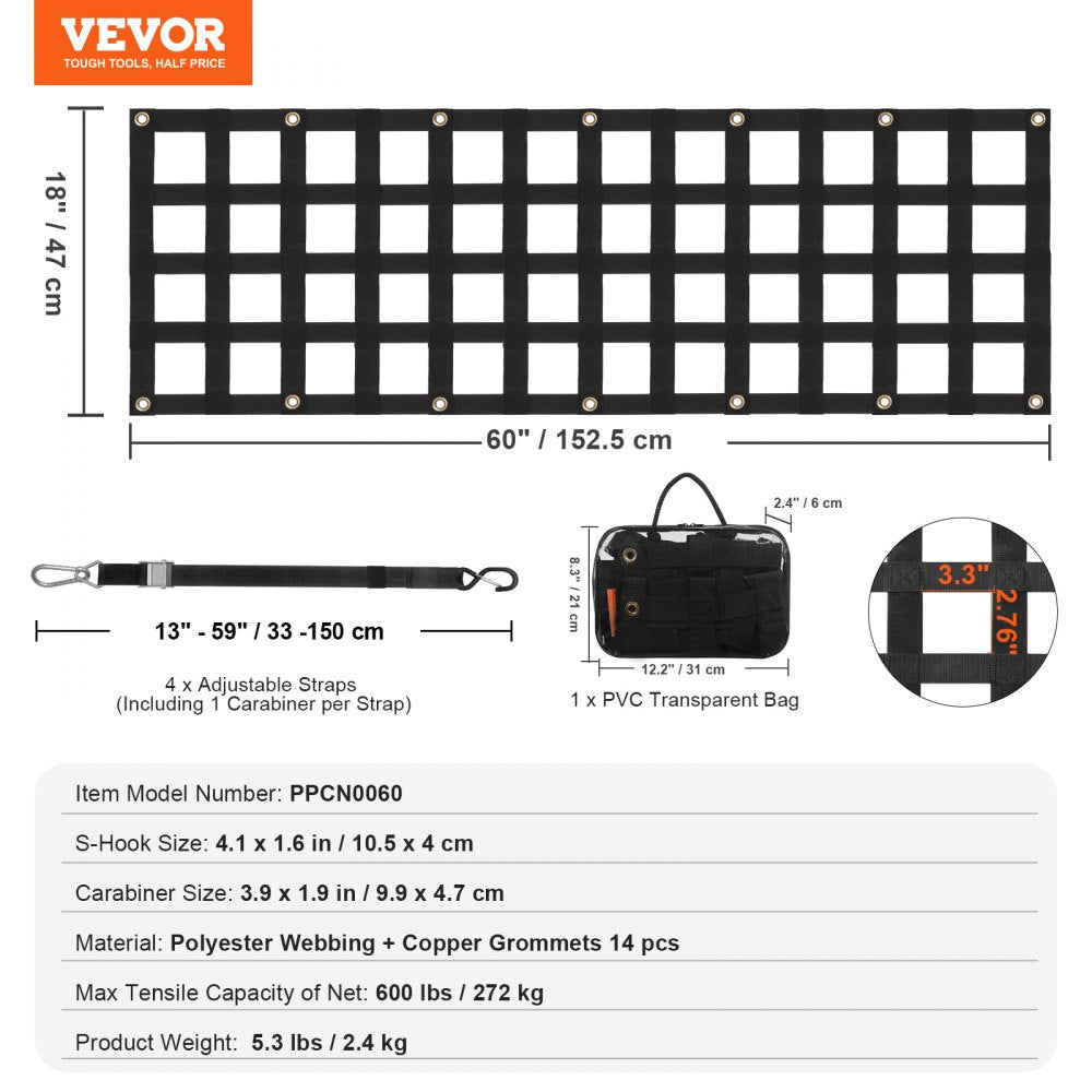 VEVOR Tailgate Net Pickup Truck Tailgate Net 60" x 18" for Full Size Trucks 