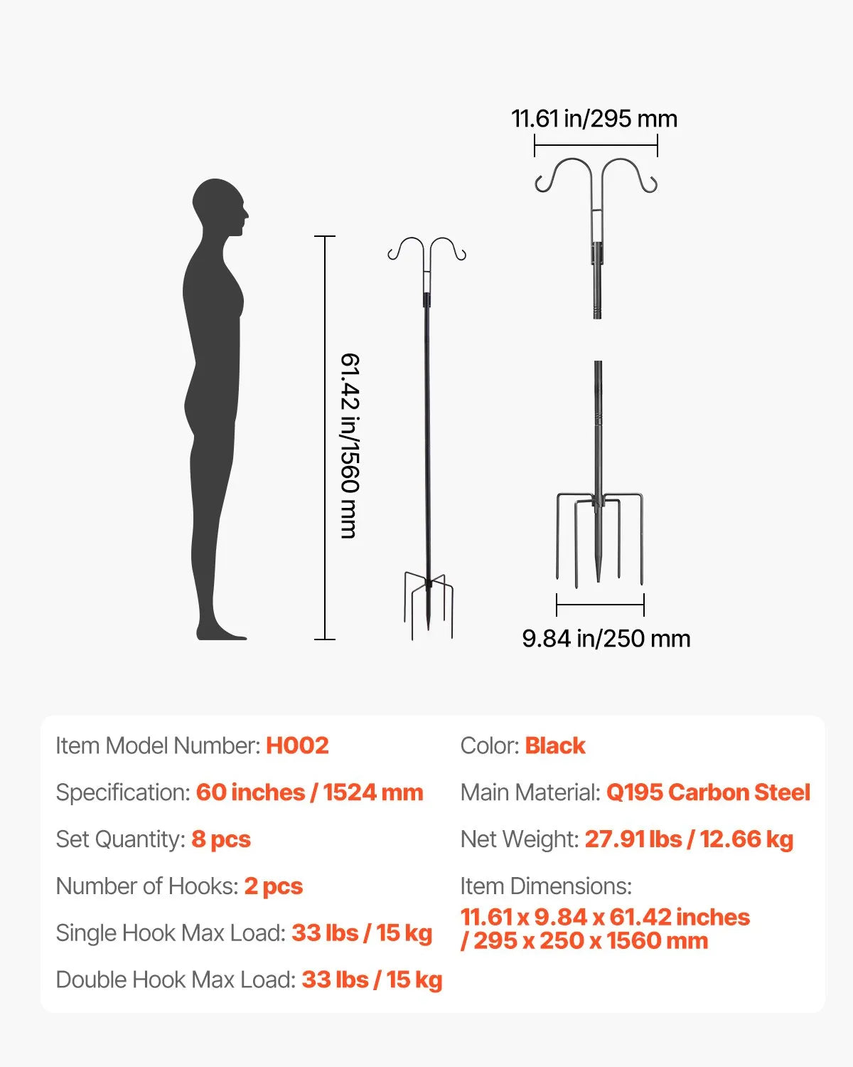 VEVOR Double Shepherds Hook 8 Pack 60 Inch Heavy Duty Bird Feeder Pole