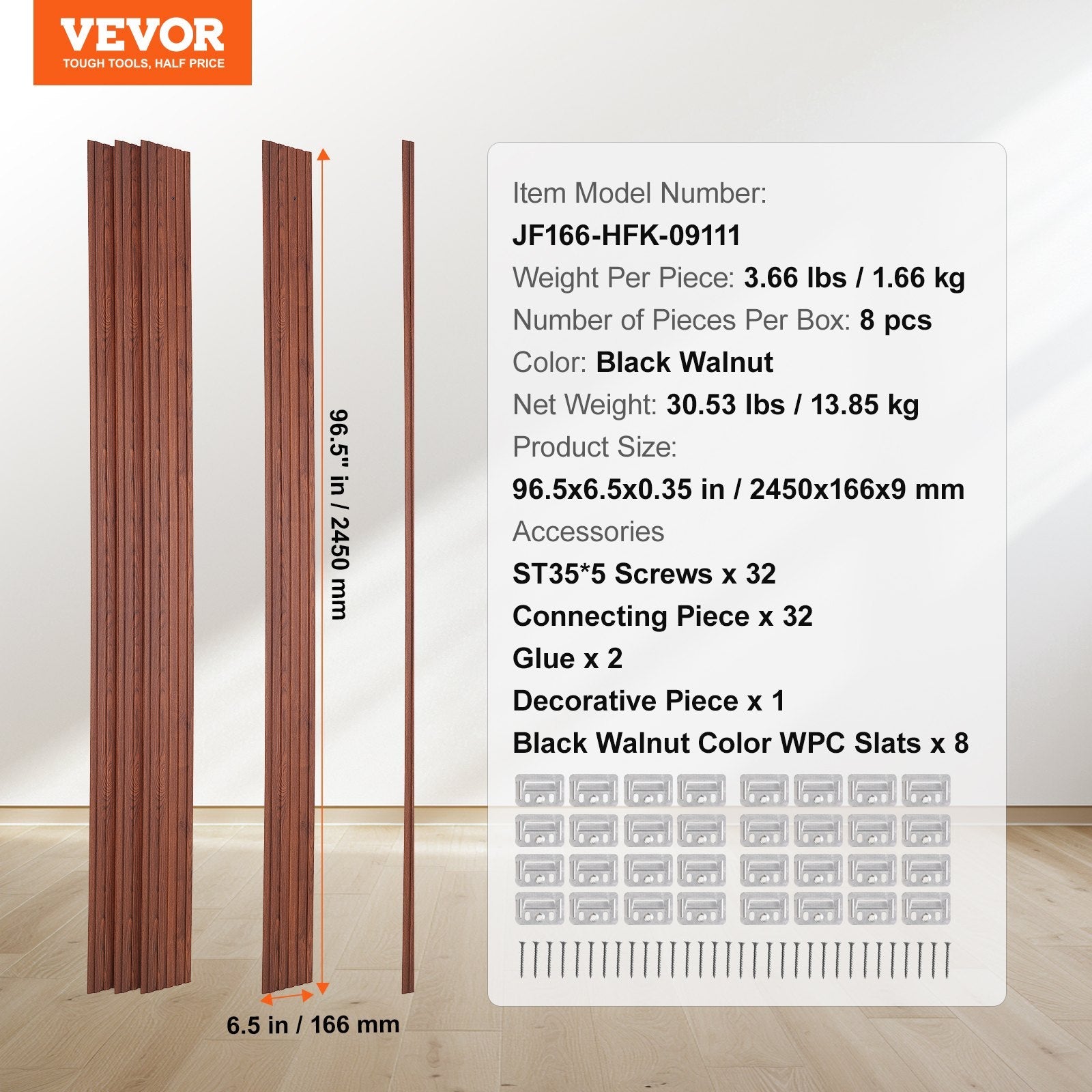 VEVOR Wood Slat Acoustic Panels 8 PCS 96 x 6 inch for Modern Wall Black Walnut 