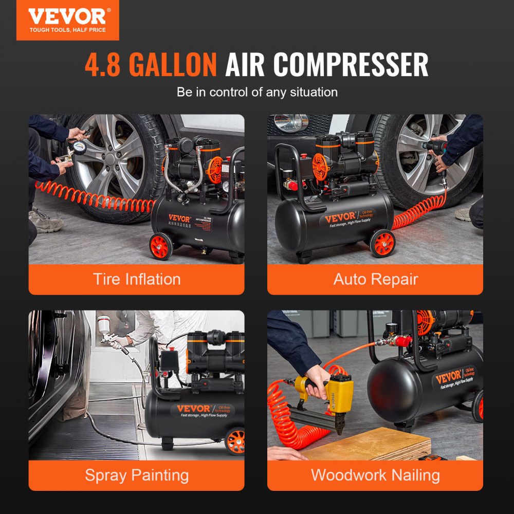 VEVOR Air Compressor 4.8 Gallon 900W 2.2 CFM@ 90PSI 70 dB Ultra Quiet Oil Free 