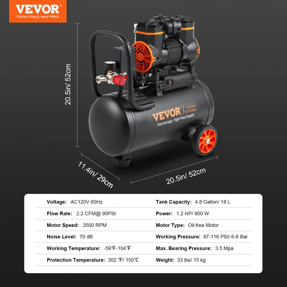 VEVOR Air Compressor 4.8 Gallon 900W 2.2 CFM@ 90PSI 70 dB Ultra Quiet Oil Free 