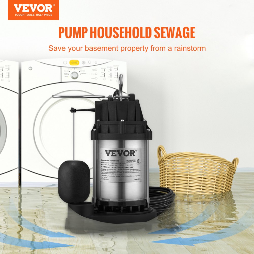 VEVOR Sump Pump, 1/2 HP 3960 GPH, Submersible Cast Iron Stainless Steel Water Pump, 1-1/2" NPT Discharge With 10 ft Cord, Automatic Float Switch with Piggy-back Plug, for Indoor Basement Water Basin 