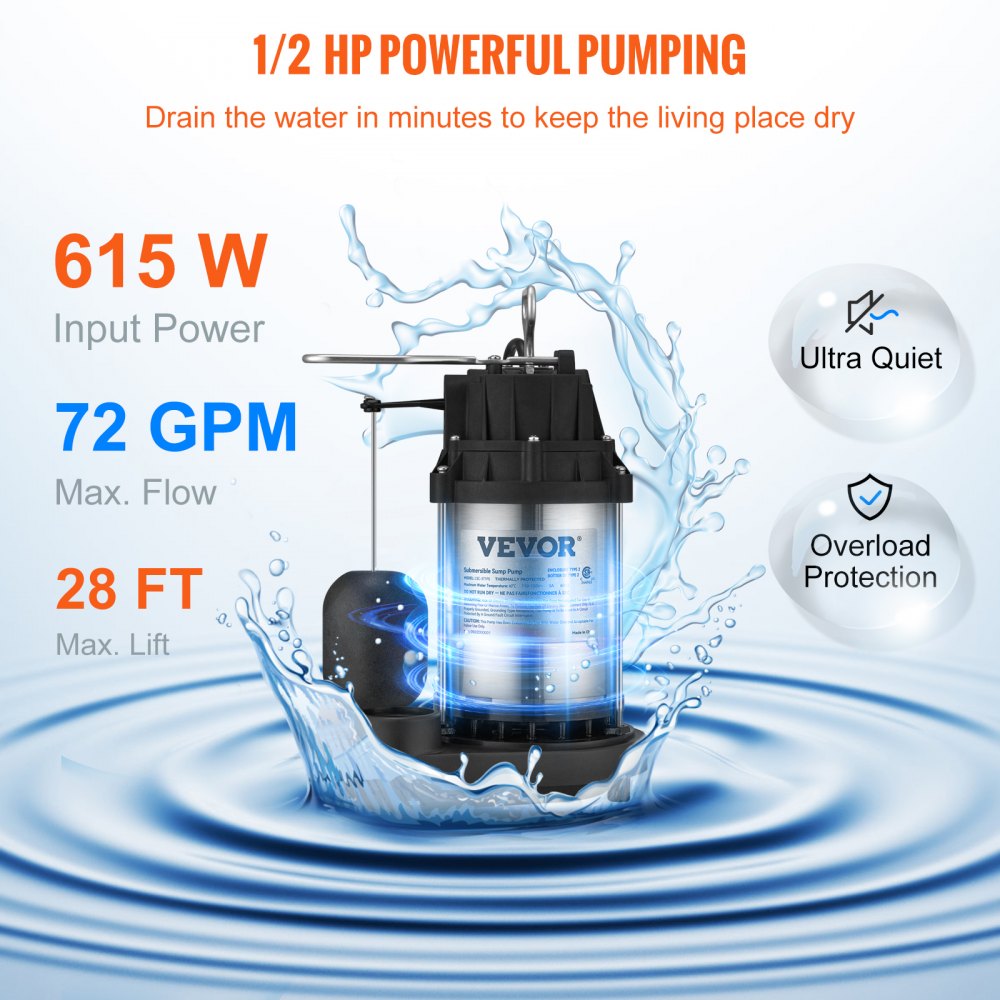 VEVOR Sump Pump, 1/2 HP 3960 GPH, Submersible Cast Iron Stainless Steel Water Pump, 1-1/2" NPT Discharge With 10 ft Cord, Automatic Float Switch with Piggy-back Plug, for Indoor Basement Water Basin 
