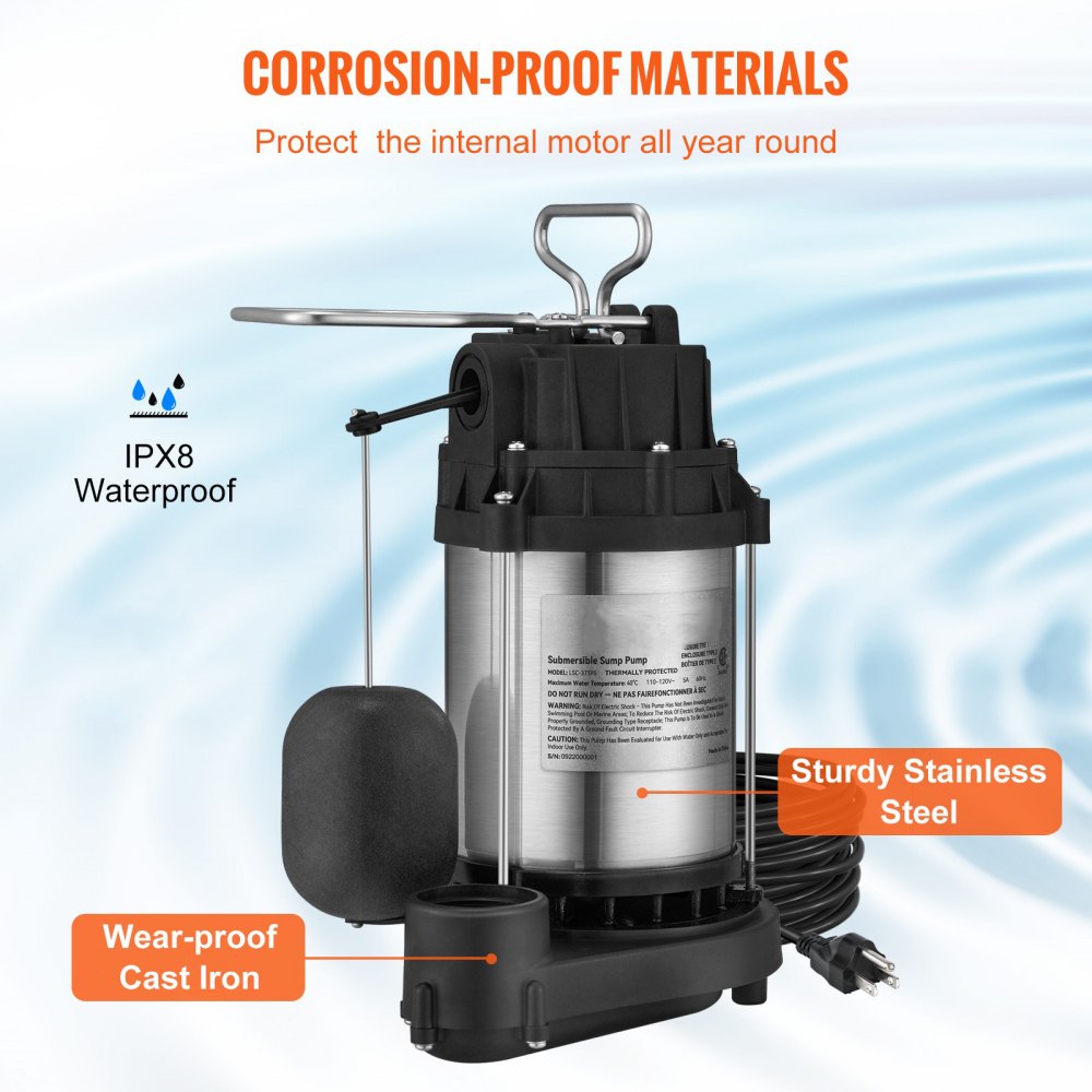 VEVOR Sump Pump, 1/2 HP 3960 GPH, Submersible Cast Iron Stainless Steel Water Pump, 1-1/2" NPT Discharge With 10 ft Cord, Automatic Float Switch with Piggy-back Plug, for Indoor Basement Water Basin 
