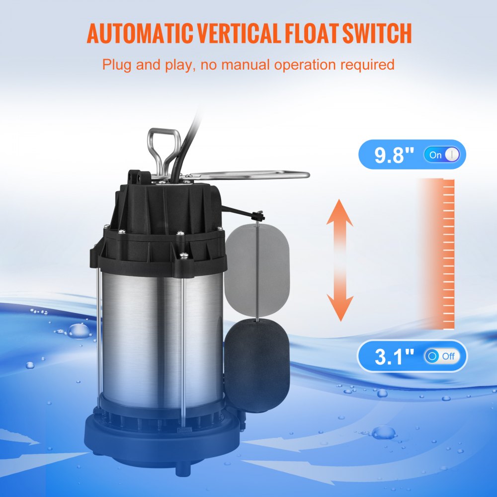 VEVOR Sump Pump, 1/2 HP 3960 GPH, Submersible Cast Iron Stainless Steel Water Pump, 1-1/2" NPT Discharge With 10 ft Cord, Automatic Float Switch with Piggy-back Plug, for Indoor Basement Water Basin 