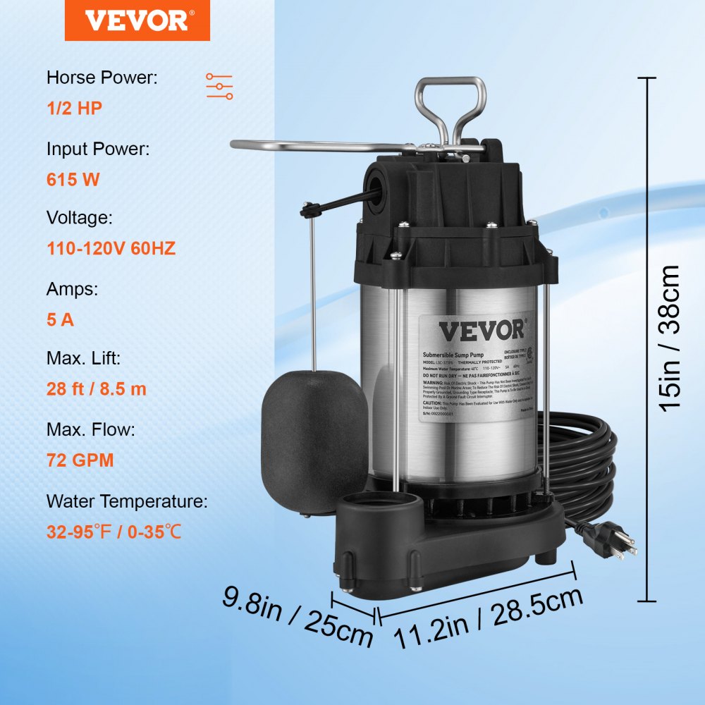 VEVOR Sump Pump, 1/2 HP 3960 GPH, Submersible Cast Iron Stainless Steel Water Pump, 1-1/2" NPT Discharge With 10 ft Cord, Automatic Float Switch with Piggy-back Plug, for Indoor Basement Water Basin 