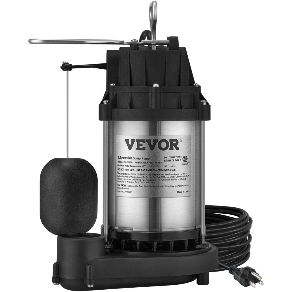 VEVOR Sump Pump, 1/2 HP 3960 GPH, Submersible Cast Iron Stainless Steel Water Pump, 1-1/2" NPT Discharge With 10 ft Cord, Automatic Float Switch with Piggy-back Plug, for Indoor Basement Water Basin 