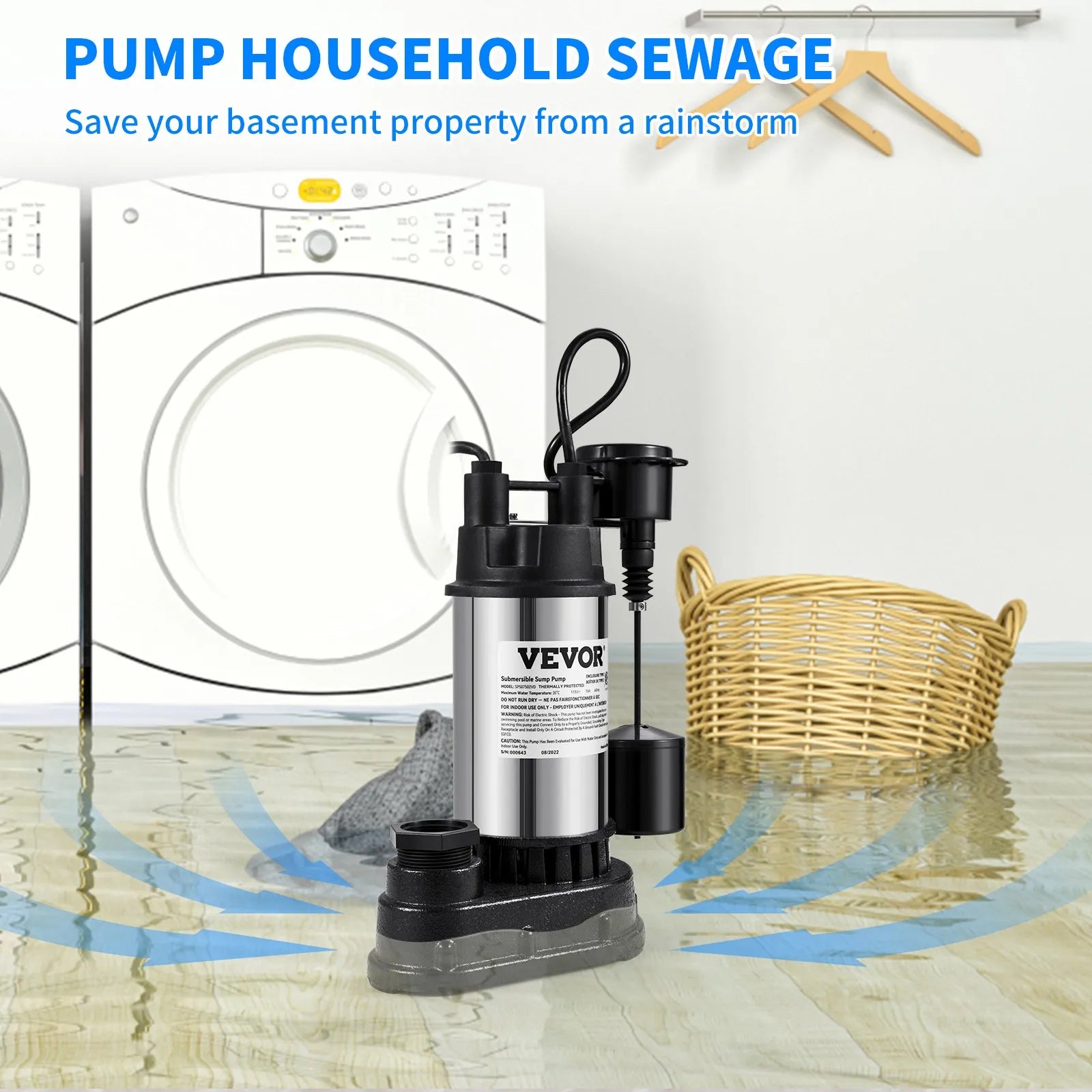 VEVOR Sump Pump, 1.5 HP 6000 GPH, Submersible Cast Iron and Stainless Steel Water Pump, 1-1/2" Discharge With 1-1/4" Adaptor, Automatic Vertical Float Switch, for Indoor Basement Water Basin