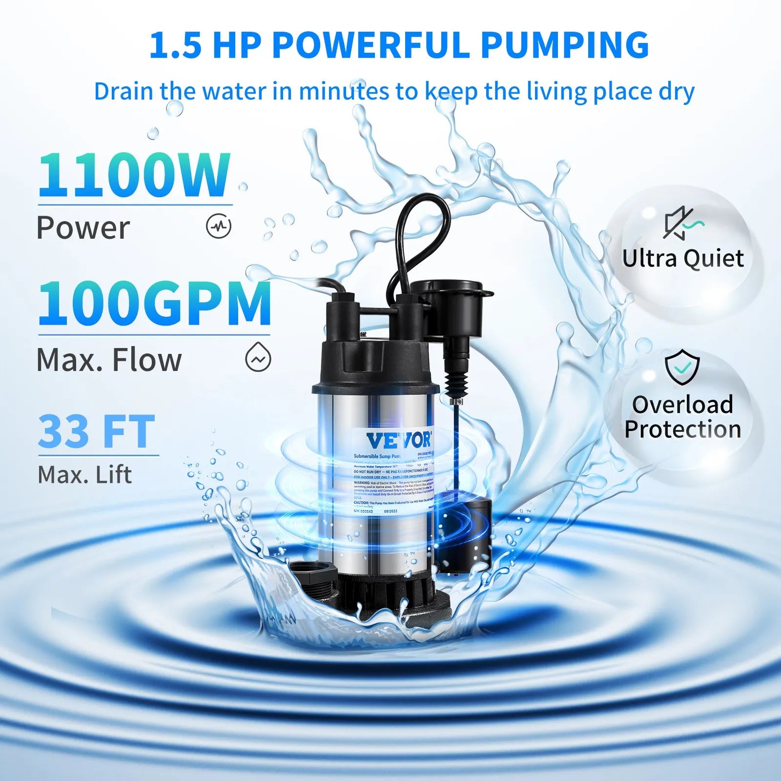 VEVOR Sump Pump, 1.5 HP 6000 GPH, Submersible Cast Iron and Stainless Steel Water Pump, 1-1/2" Discharge With 1-1/4" Adaptor, Automatic Vertical Float Switch, for Indoor Basement Water Basin