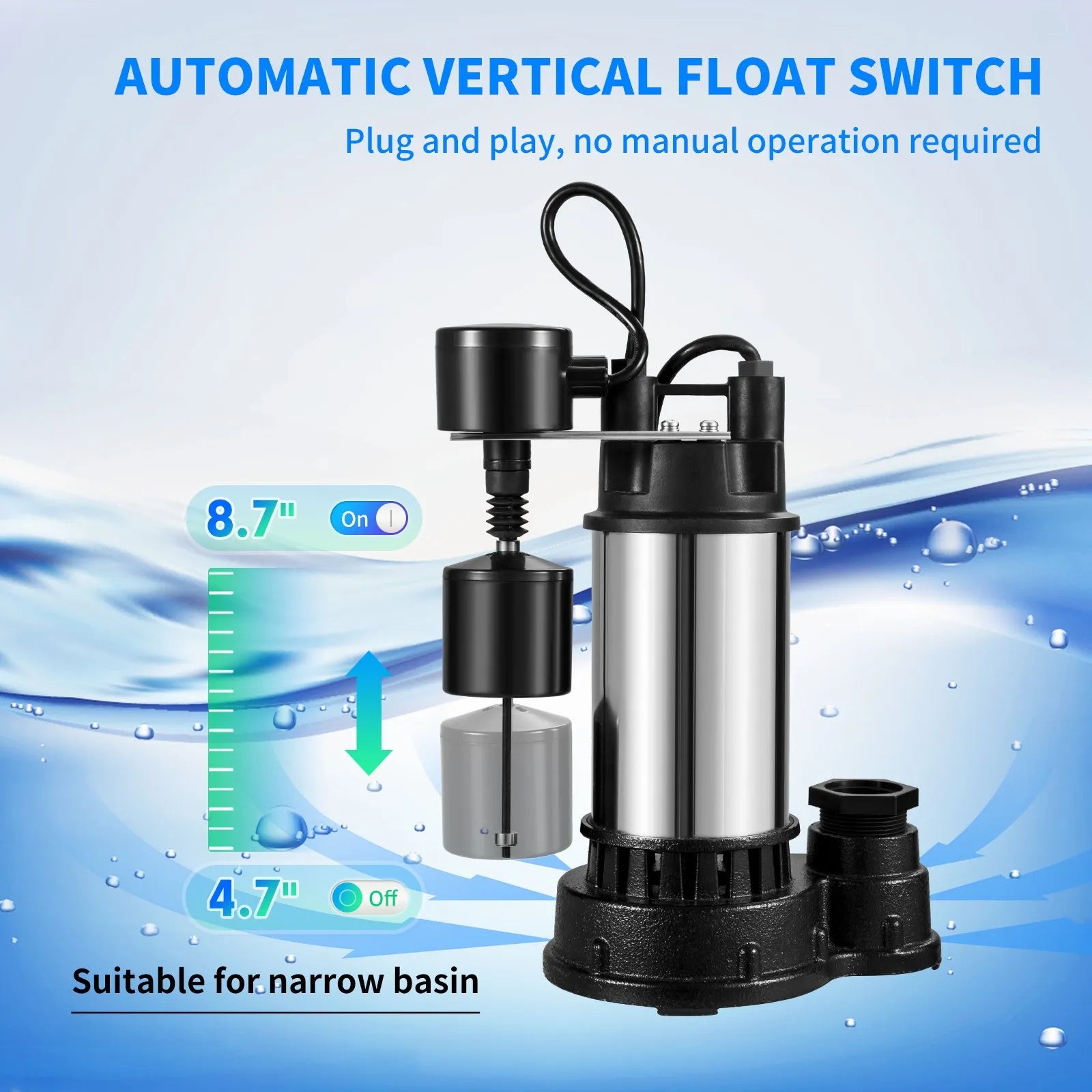 VEVOR Sump Pump, 1.5 HP 6000 GPH, Submersible Cast Iron and Stainless Steel Water Pump, 1-1/2" Discharge With 1-1/4" Adaptor, Automatic Vertical Float Switch, for Indoor Basement Water Basin
