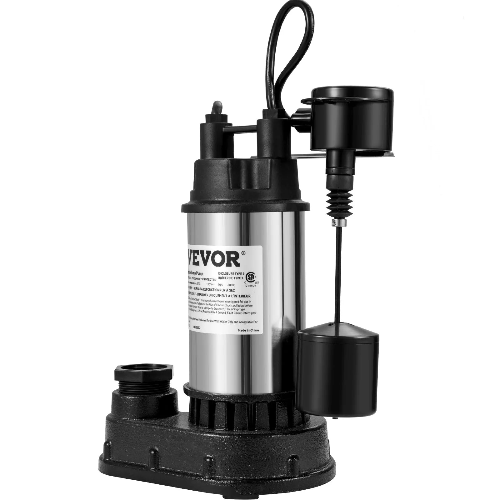 VEVOR Sump Pump, 1.5 HP 6000 GPH, Submersible Cast Iron and Stainless Steel Water Pump, 1-1/2" Discharge With 1-1/4" Adaptor, Automatic Vertical Float Switch, for Indoor Basement Water Basin