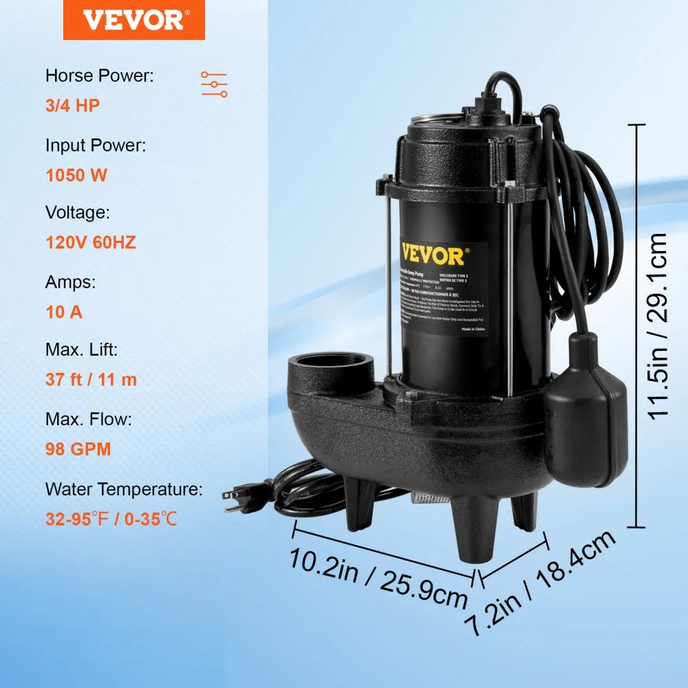 VEVOR Sewage Pump, 3/4 HP 5880 GPH 1050W, Submersible Cast Iron Ejector, with 2" Discharge and 10 ft Piggy-back Automatic Tether Float Switch,  for Septic Tank, Basement, Residential Sewer Effluent