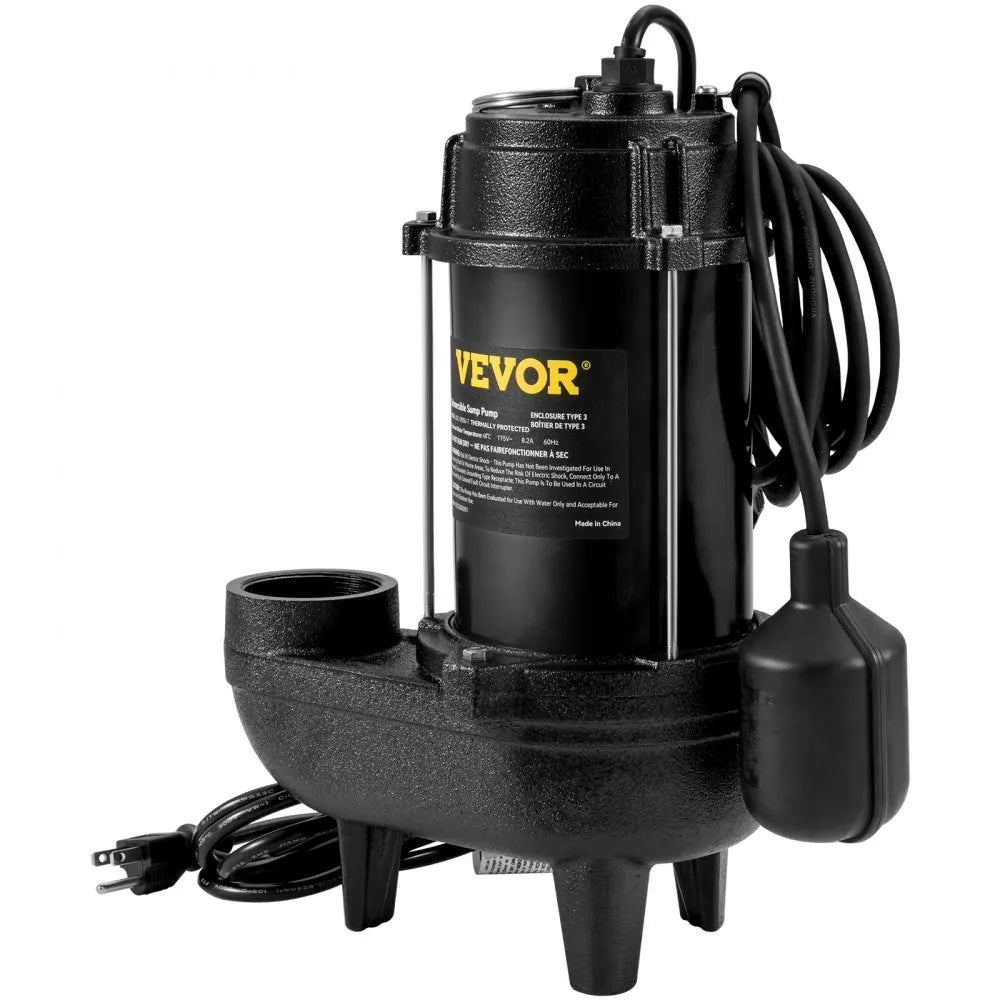 VEVOR Sewage Pump, 3/4 HP 5880 GPH 1050W, Submersible Cast Iron Ejector, with 2" Discharge and 10 ft Piggy-back Automatic Tether Float Switch,  for Septic Tank, Basement, Residential Sewer Effluent