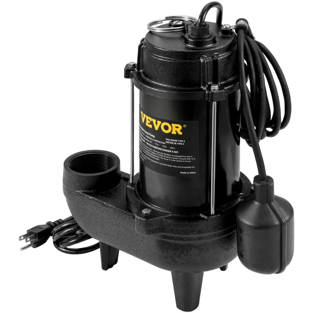 VEVOR Sewage Pump, 3/4 HP 5880 GPH 1050W, Submersible Cast Iron Ejector, with 2" Discharge and 10 ft Piggy-back Automatic Tether Float Switch,  for Septic Tank, Basement, Residential Sewer Effluent