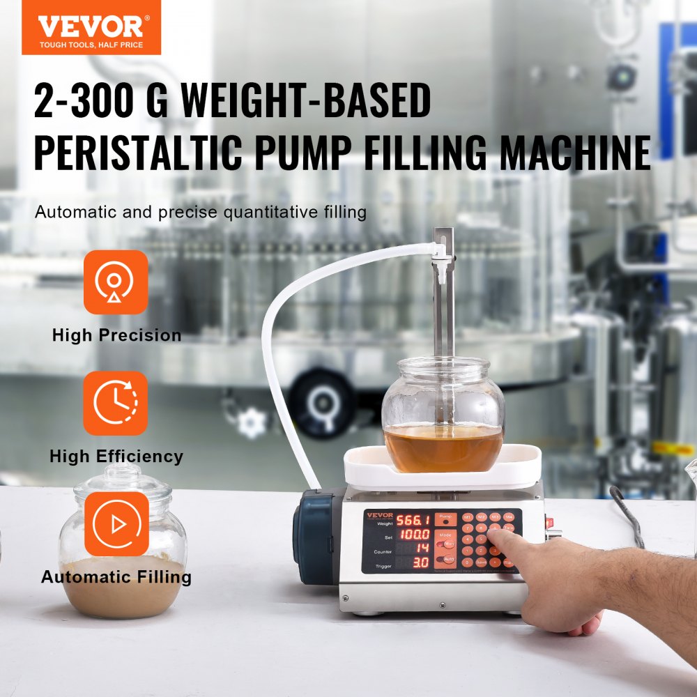 VEVOR Liquid Filling Machine, 5-300 g Weighing Capacity, Automatic Bottle Filler Machine, Bottling Machine Peristaltic Pump Digital Control for Milk, Water, Wine, Beverage, Soy Sauce (Single Nozzle) 