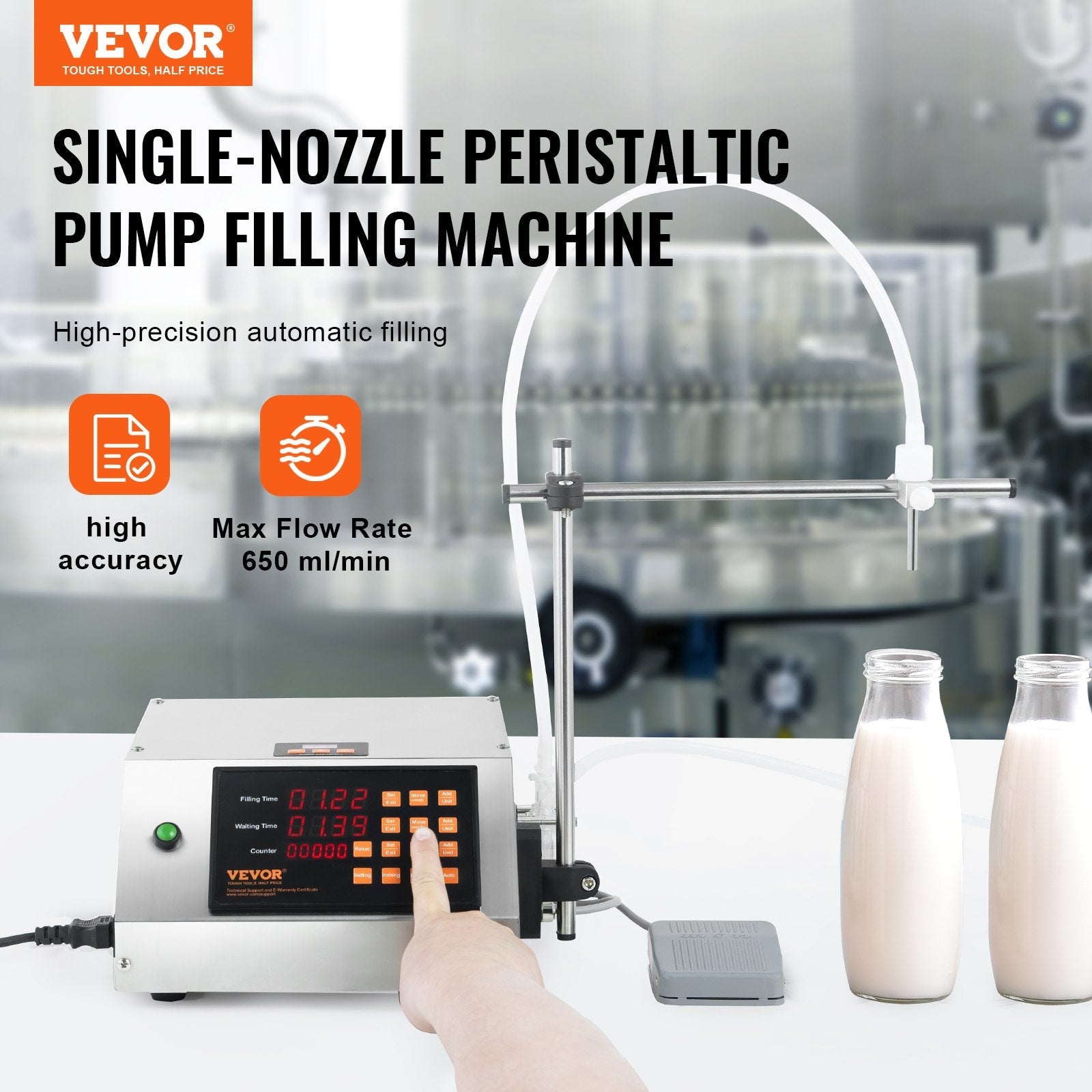 VEVOR Liquid Filling Machine, 5-650ml Filling Capacity, Automatic Bottle Filler Machine, Bottling Machine Peristaltic Pump Digital Control for Milk, Water, Wine, Beverage, Soy Sauce (Single Nozzle) 