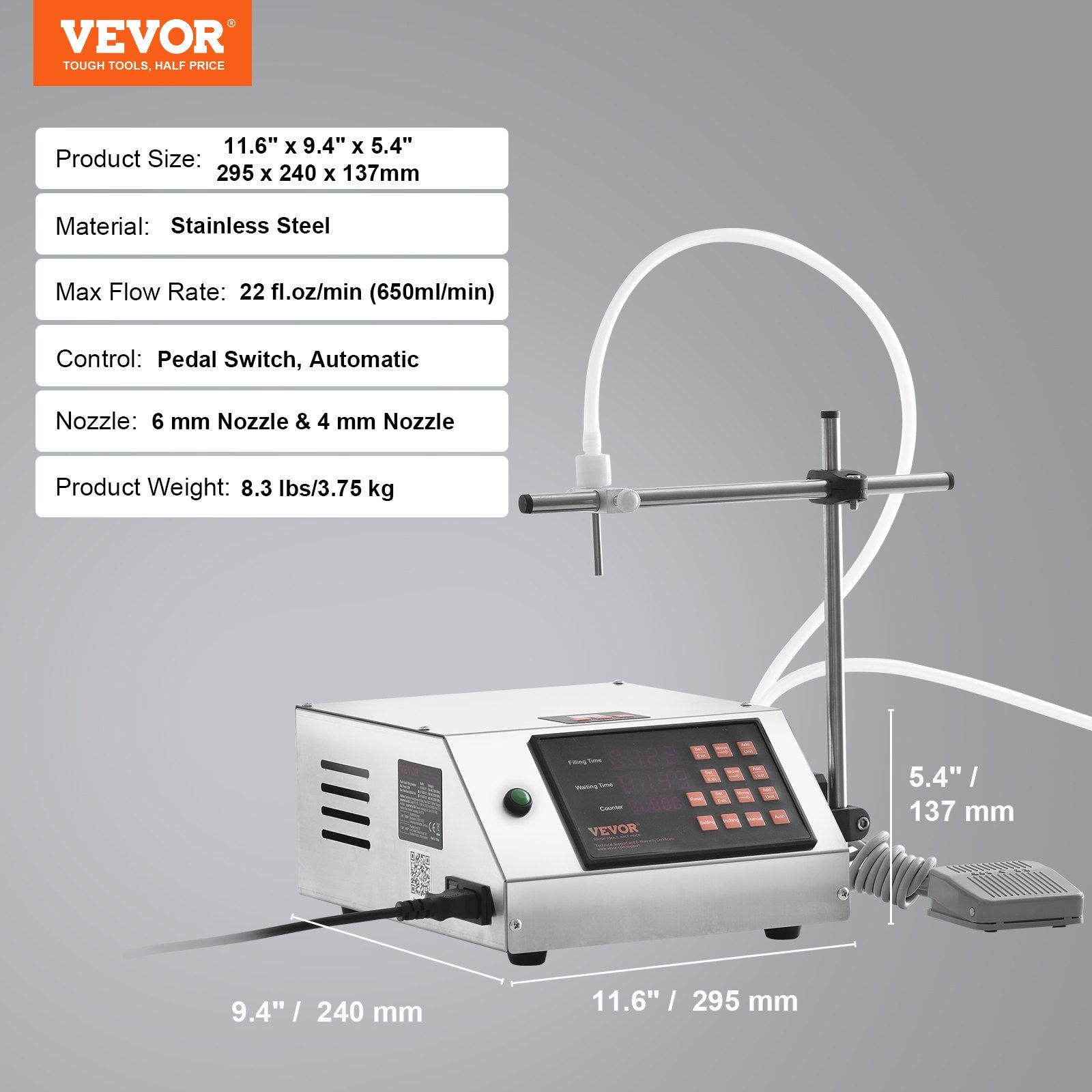 VEVOR Liquid Filling Machine, 5-650ml Filling Capacity, Automatic Bottle Filler Machine, Bottling Machine Peristaltic Pump Digital Control for Milk, Water, Wine, Beverage, Soy Sauce (Single Nozzle) 