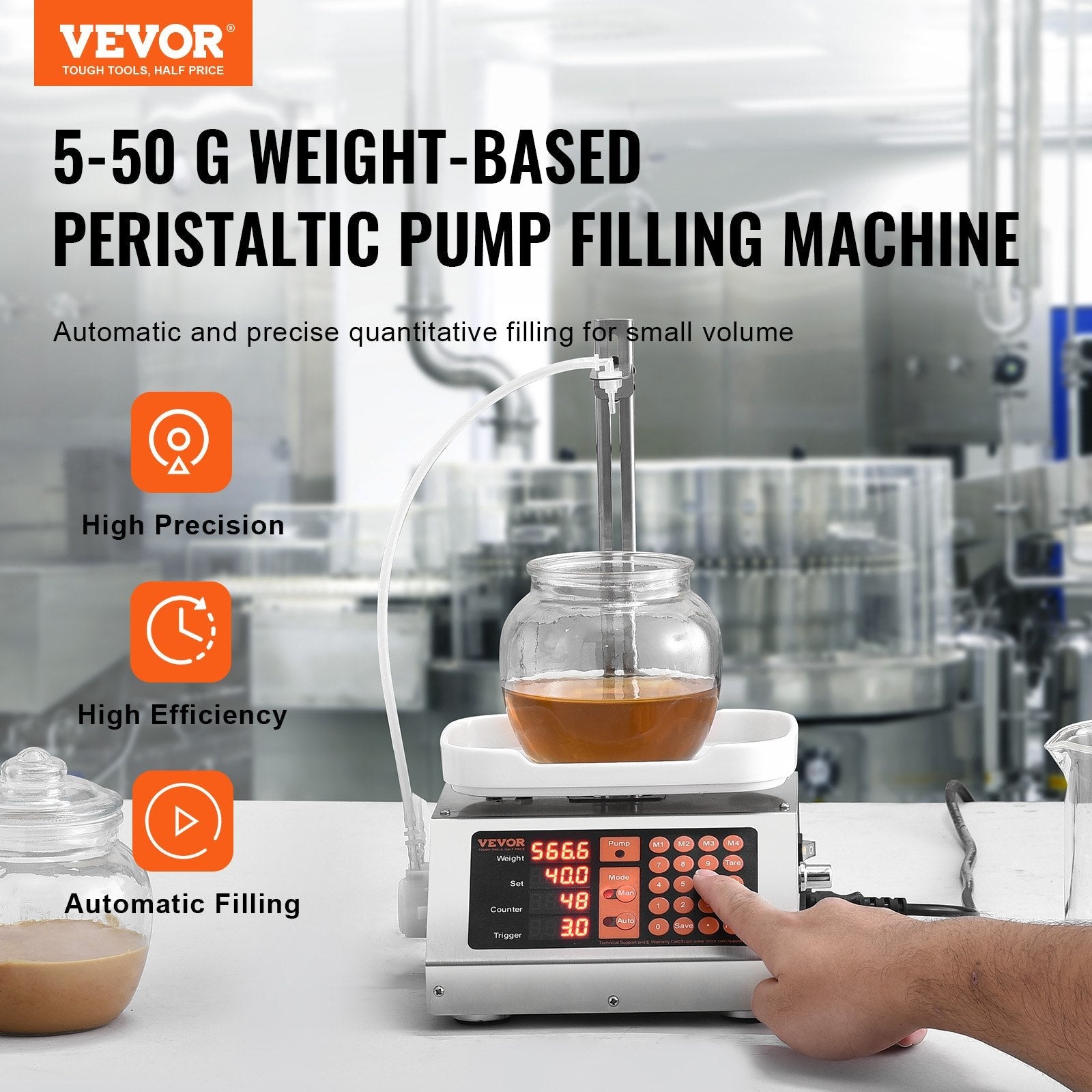 VEVOR Liquid Filling Machine, 5-50 g Weighing Capacity, Automatic Bottle Filler Machine, Bottling Machine Peristaltic Pump Digital Control for Milk, Water, Wine, Beverage, Soy Sauce (Single Nozzle) 