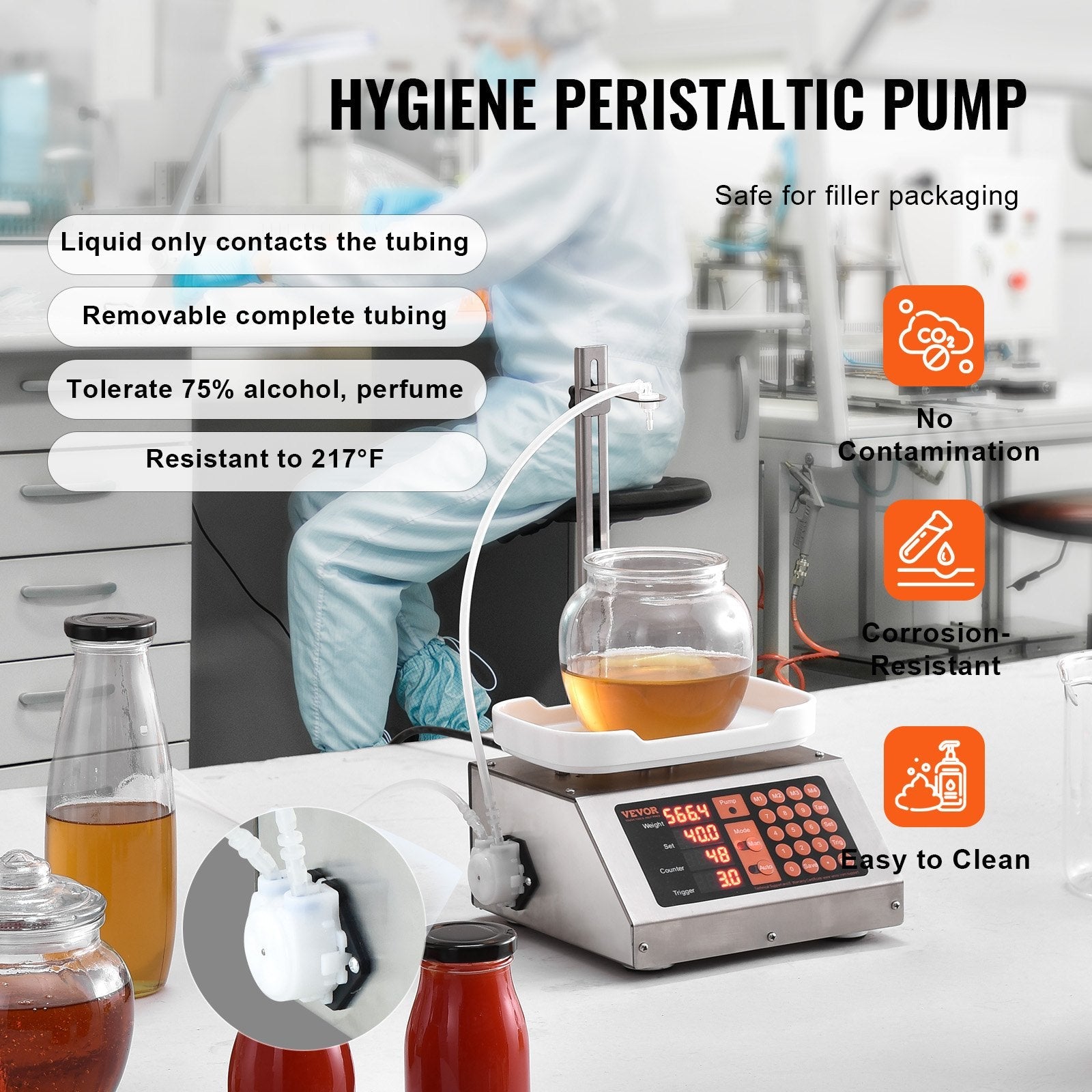 VEVOR Liquid Filling Machine, 5-50 g Weighing Capacity, Automatic Bottle Filler Machine, Bottling Machine Peristaltic Pump Digital Control for Milk, Water, Wine, Beverage, Soy Sauce (Single Nozzle) 