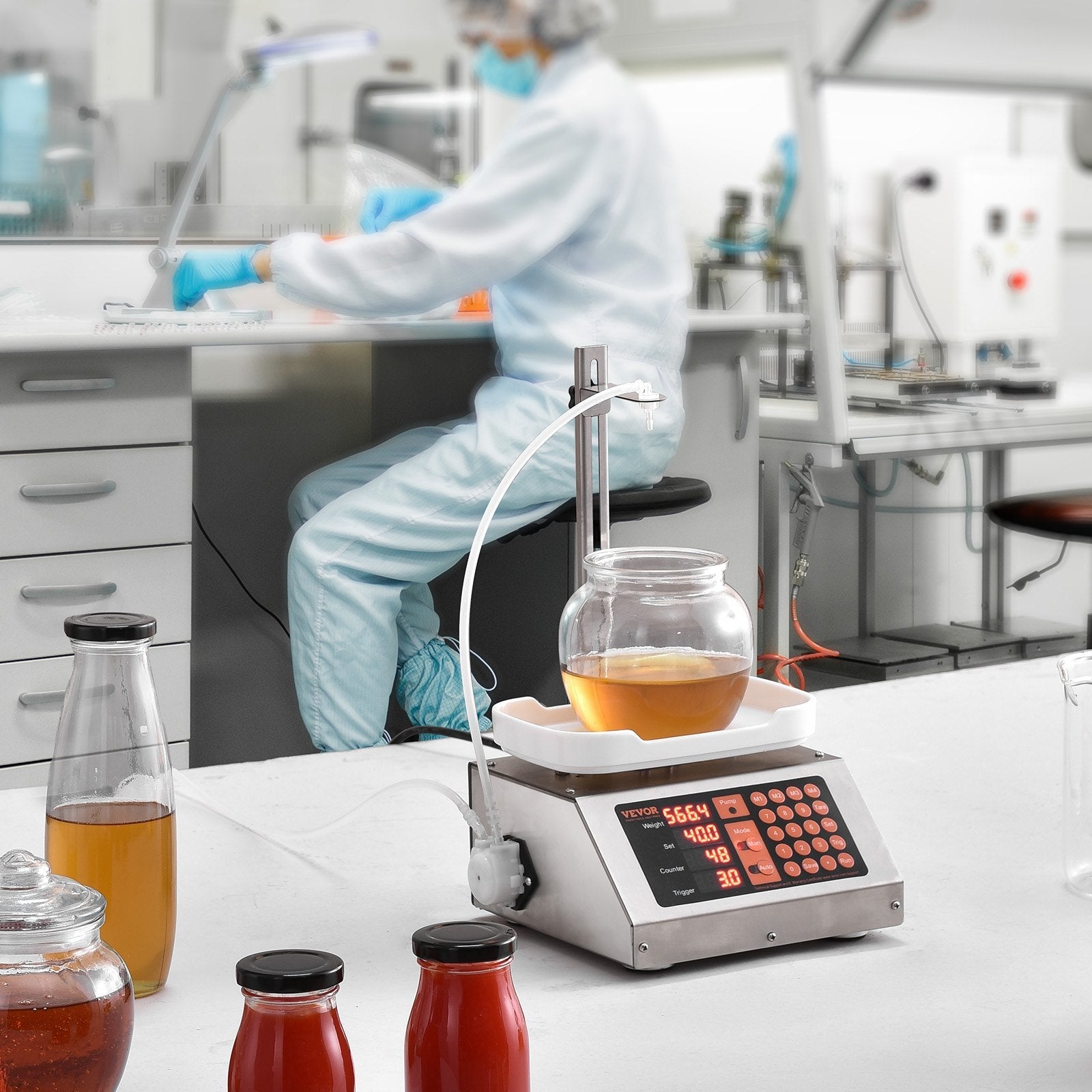 VEVOR Liquid Filling Machine, 5-50 g Weighing Capacity, Automatic Bottle Filler Machine, Bottling Machine Peristaltic Pump Digital Control for Milk, Water, Wine, Beverage, Soy Sauce (Single Nozzle) 