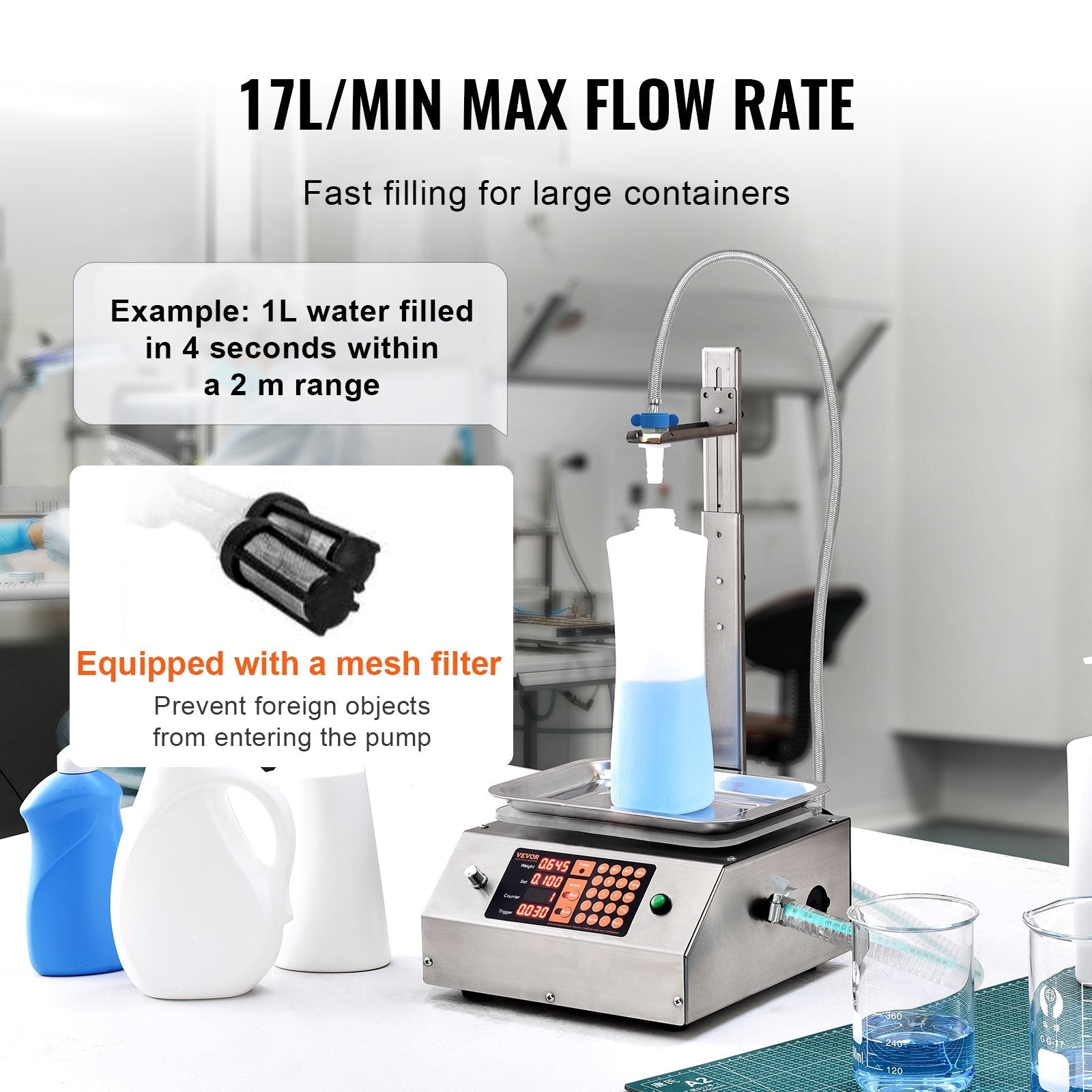 VEVOR Liquid Filling Machine, 30-15000 g Weighing Capacity, Automatic Bottle Filler Machine Bottling Machine Digital Control for Milk, Water, Oil, Wine, Beverage, Detergent, Shampoo (Single Nozzle) 