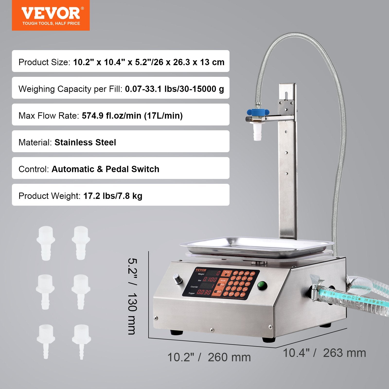 VEVOR Liquid Filling Machine, 30-15000 g Weighing Capacity, Automatic Bottle Filler Machine Bottling Machine Digital Control for Milk, Water, Oil, Wine, Beverage, Detergent, Shampoo (Single Nozzle) 