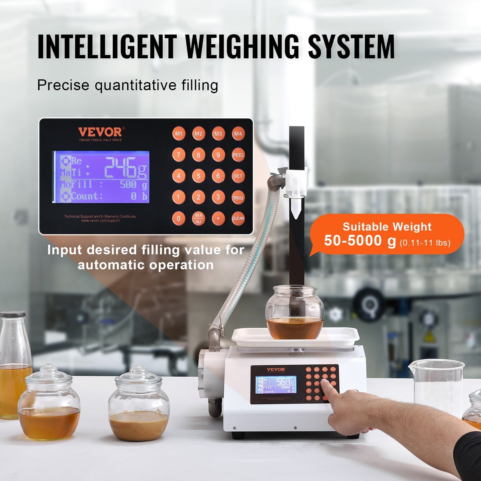 VEVOR Liquid Filling Machine, 50-5000 g Weighing Capacity, Automatic Bottle Filler Machine Bottling Machine Gear Pump Digital Control for Honey, Oil, Wine, Detergent, Viscous Liquids (Single Nozzle) 