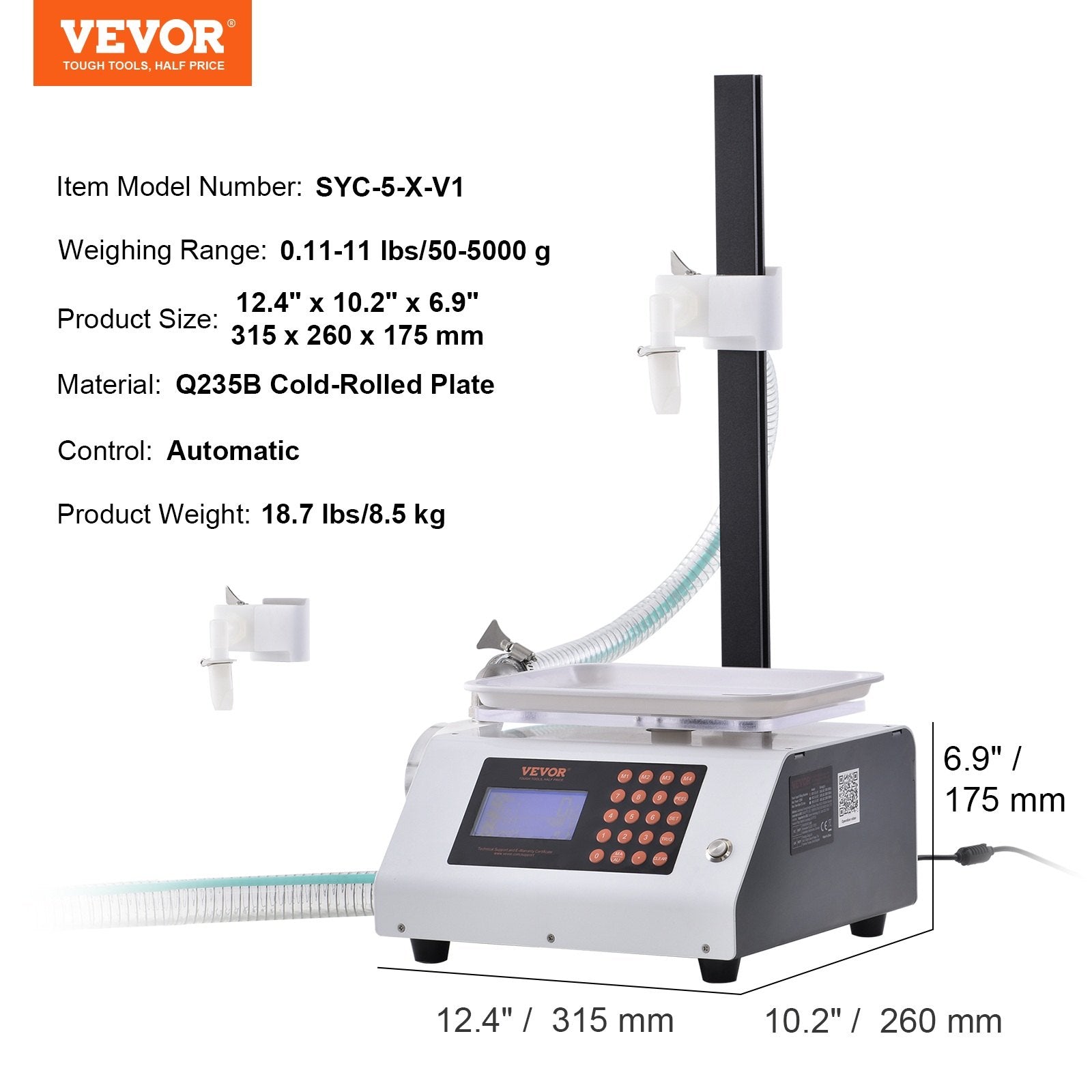 VEVOR Liquid Filling Machine, 50-5000 g Weighing Capacity, Automatic Bottle Filler Machine Bottling Machine Gear Pump Digital Control for Honey, Oil, Wine, Detergent, Viscous Liquids (Single Nozzle) 