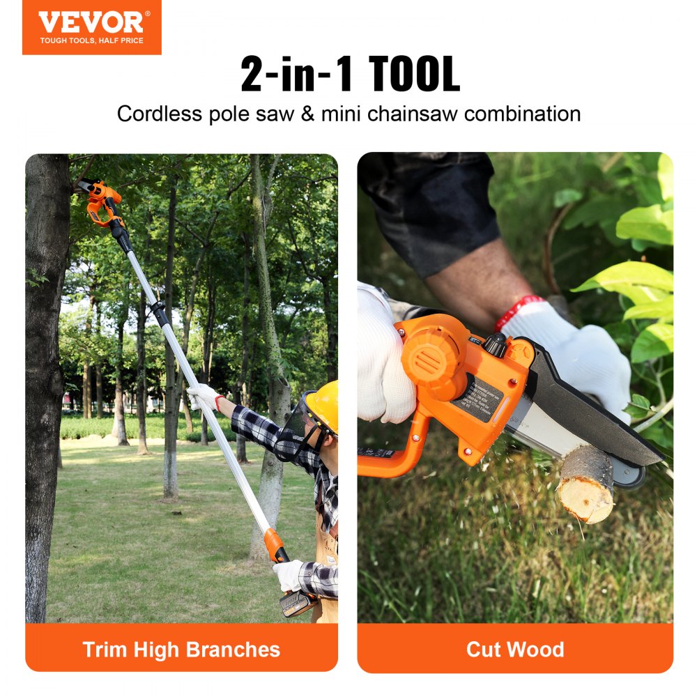 VEVOR 2-in-1 Cordless Pole Saw & Mini Chainsaw, 20V 4Ah Battery Pole Chainsaw, 5" Cutting Capacity 8 ft Reach Pole Saw for Branch Cutting & Tree Trimming (Battery and Blade Cover Included) 