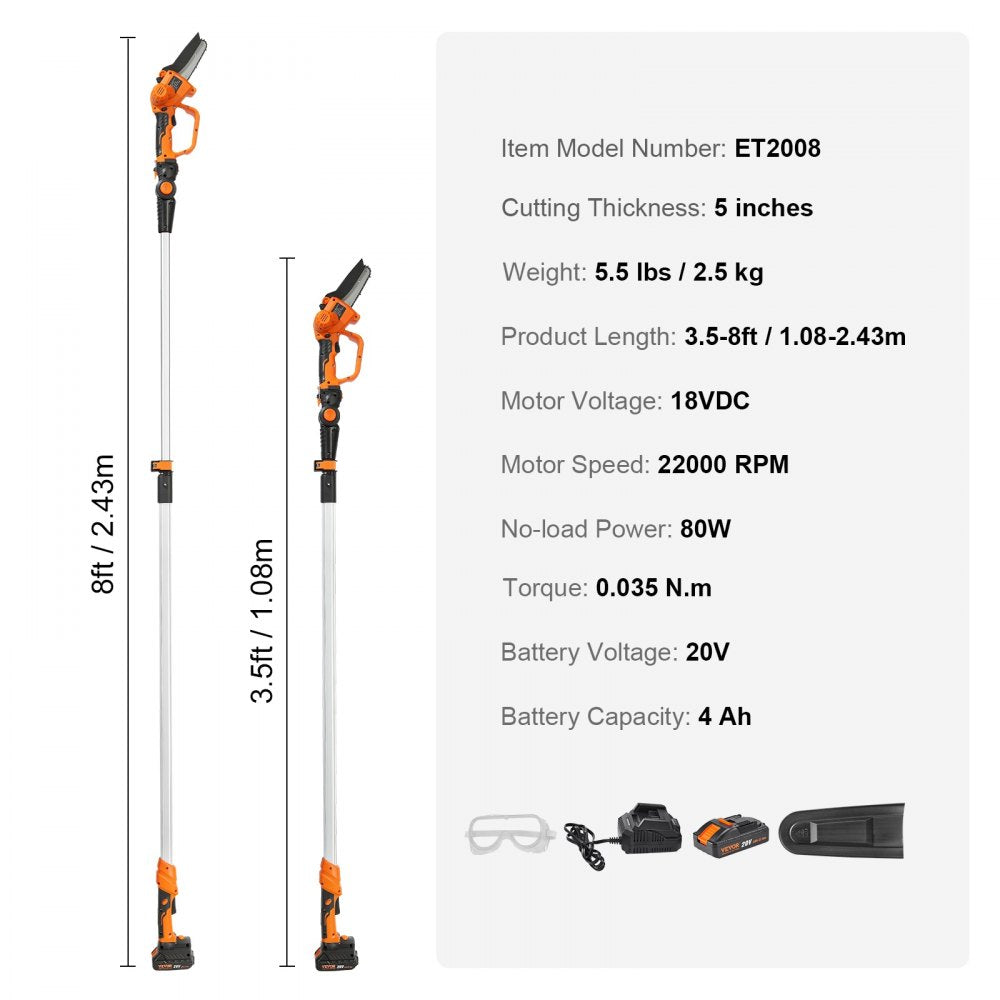 VEVOR 2-in-1 Cordless Pole Saw & Mini Chainsaw, 20V 4Ah Battery Pole Chainsaw, 5" Cutting Capacity 8 ft Reach Pole Saw for Branch Cutting & Tree Trimming (Battery and Blade Cover Included) 