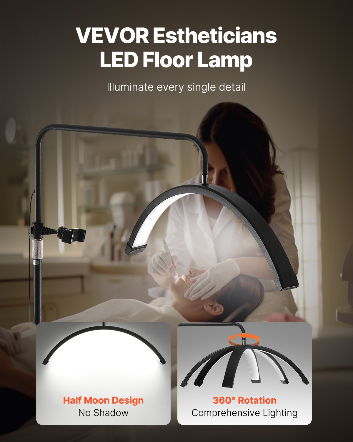 Half Moon Light for Esthetician 23inch Dimmable LED Floor Lamp Lash Light Arched 