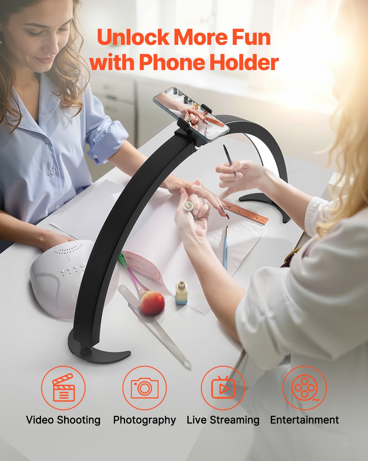 Nail Desk Light 40 W Half Moon Desk Lamp with Phone Holder Adjustable Brightness 