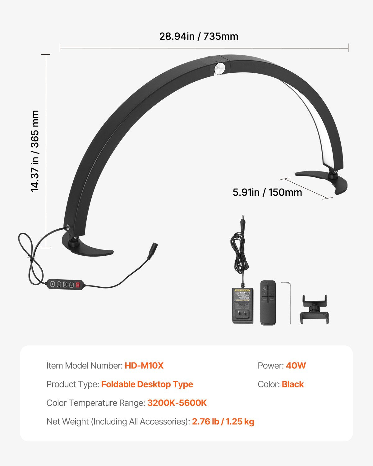 Nail Desk Light 40 W Half Moon Desk Lamp with Phone Holder Adjustable Brightness 
