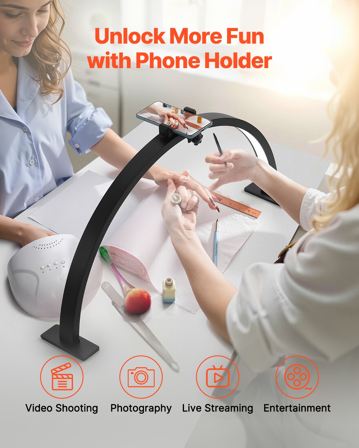 Nail Desk Light 30 W Half Moon Desk Lamp with Phone Holder Adjustable Brightness 