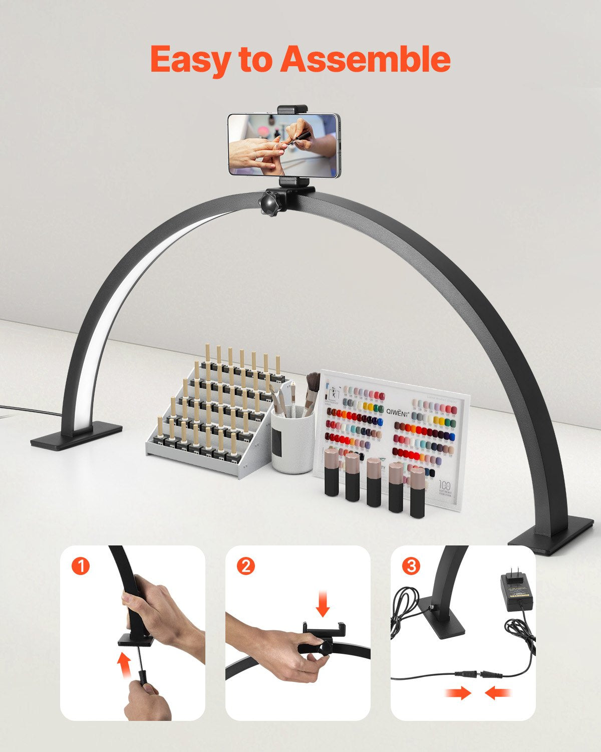 Nail Desk Light 30 W Half Moon Desk Lamp with Phone Holder Adjustable Brightness 