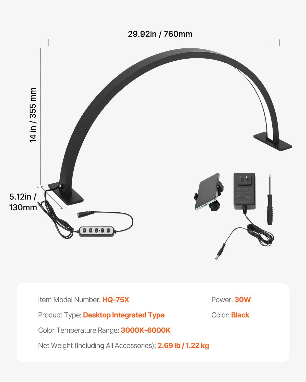 Nail Desk Light 30 W Half Moon Desk Lamp with Phone Holder Adjustable Brightness 