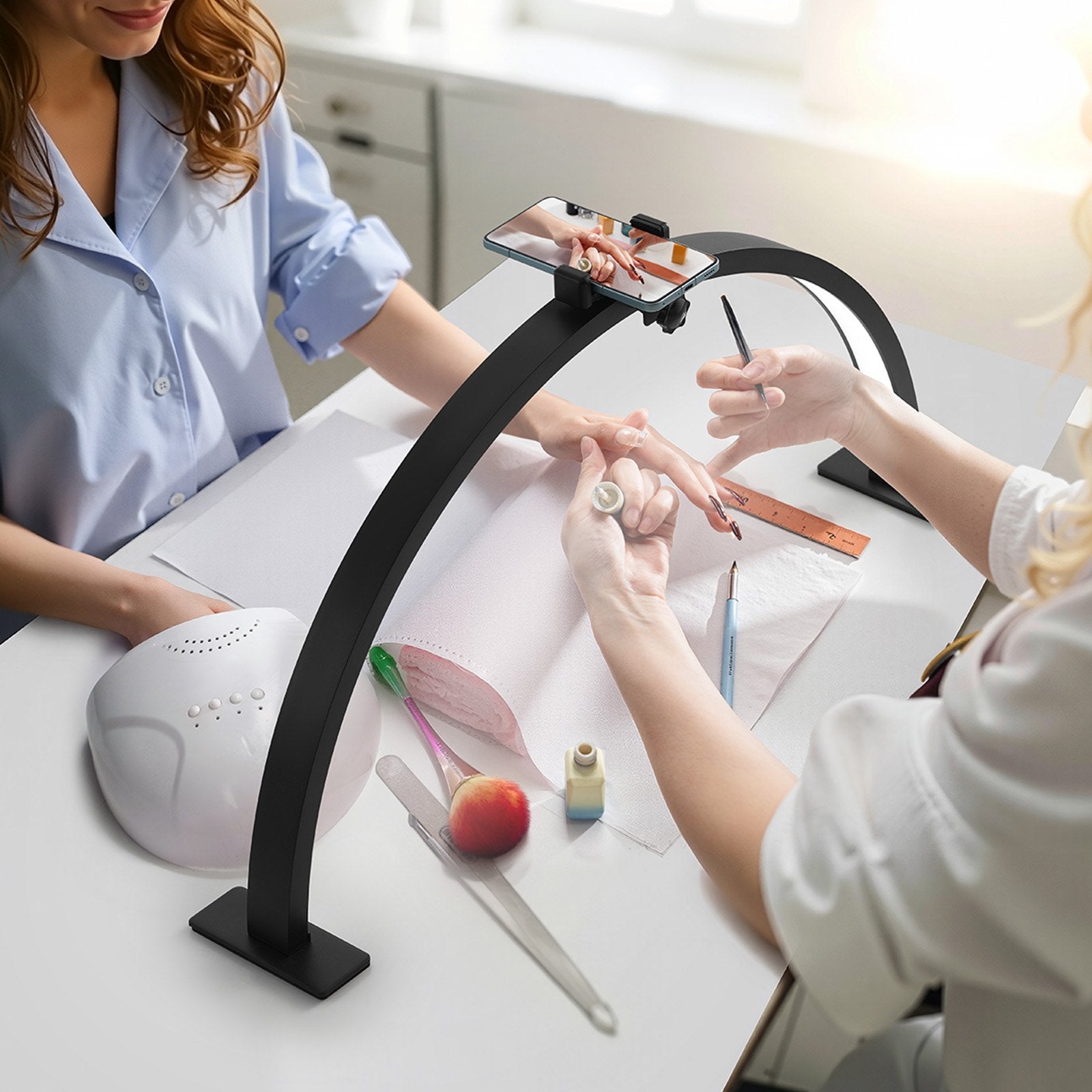 Nail Desk Light 30 W Half Moon Desk Lamp with Phone Holder Adjustable Brightness 